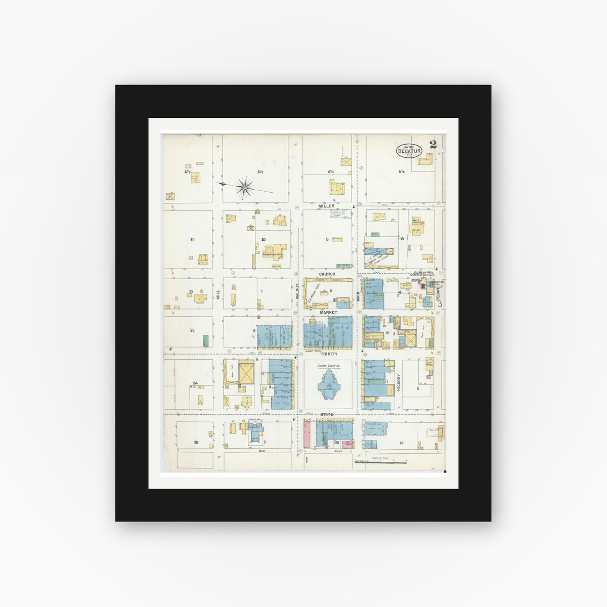 Old map wall art mockup — black gallery frame with white mat — Sanborn Fire Insurance Map from Decatur, Wise County, Texas (1902), Sheet #0002