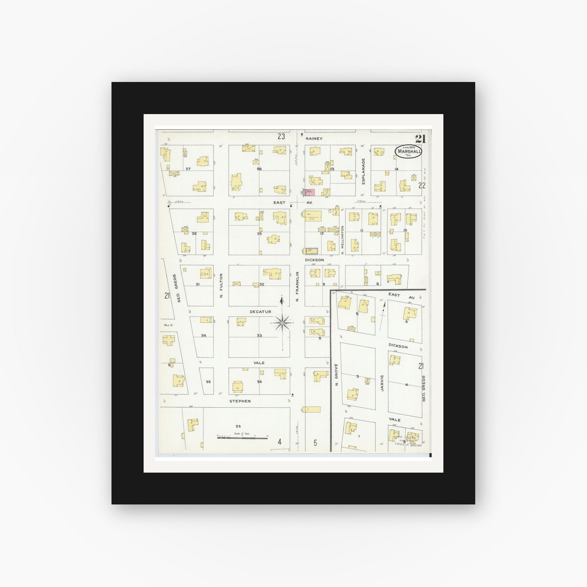 Old map wall art mockup — black gallery frame with white mat — Sanborn Fire Insurance Map from Marshall, Harrison County, Texas (1909), Sheet #0021