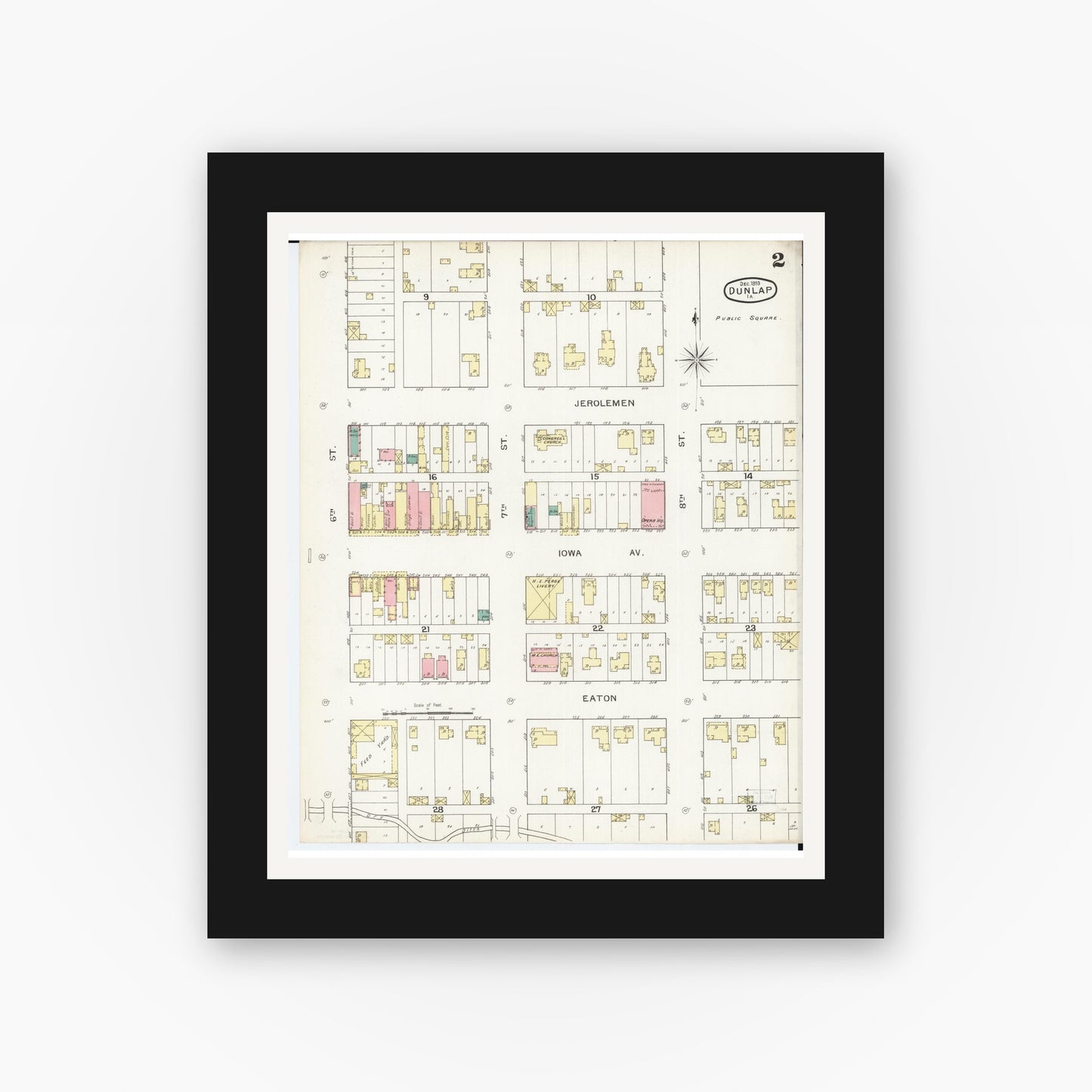 Old map wall art mockup — black gallery frame with white mat — Sanborn Fire Insurance Map from Dunlap, Harrison County, Iowa (1893), Sheet #0002