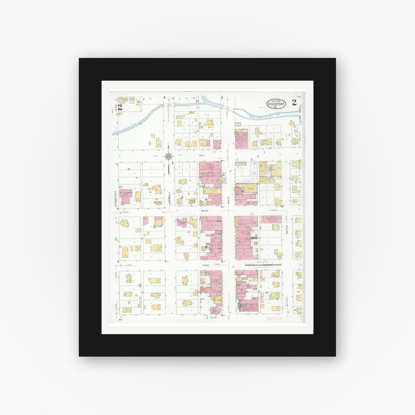 Old map wall art mockup — black gallery frame with white mat — Sanborn Fire Insurance Map from Rockport, Atchison County, Missouri (1928), Sheet #0002