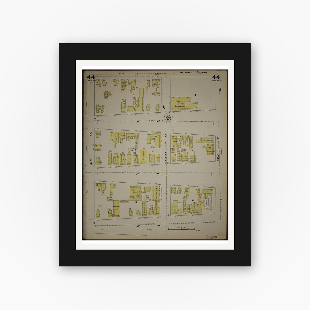 Old map wall art mockup — black gallery frame with white mat — Sanborn Fire Insurance Map from New Jersey Coast, New Jersey Coast, New Jersey (1890), Sheet #0044