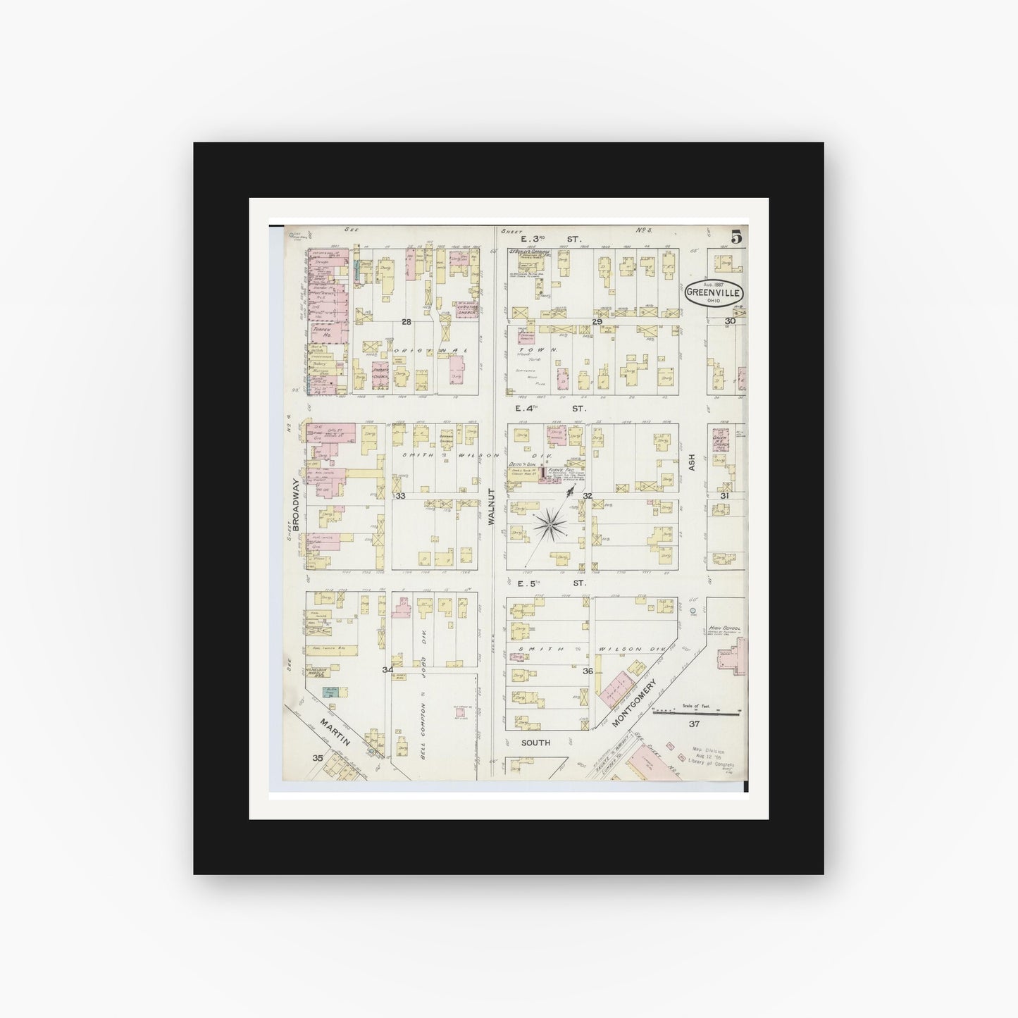 Old map wall art mockup — black gallery frame with white mat — Sanborn Fire Insurance Map from Greenville, Darke County, Ohio (1887), Sheet #0005