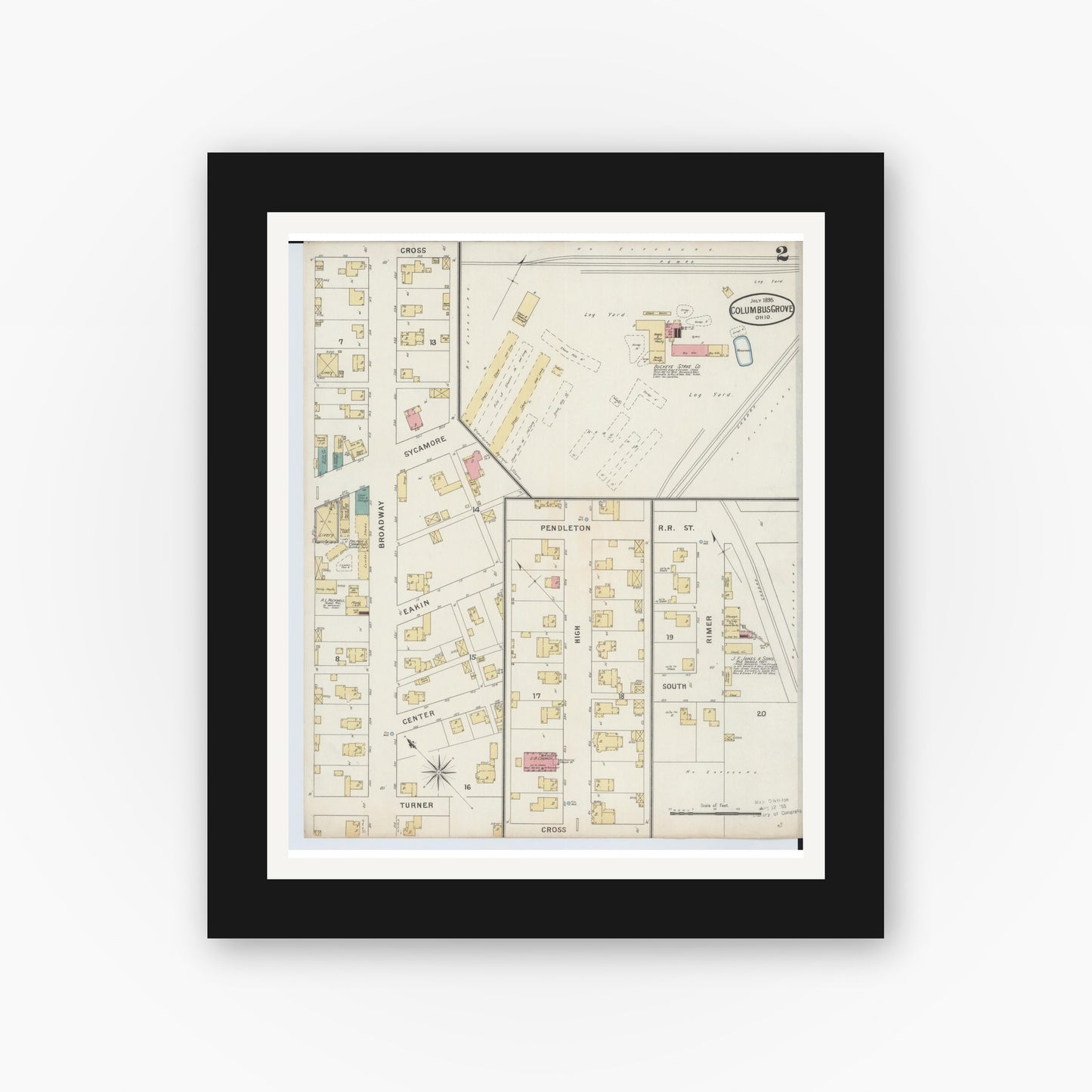 Old map wall art mockup — black gallery frame with white mat — Sanborn Fire Insurance Map from Columbus Grove, Putnam County, Ohio (1895), Sheet #0002