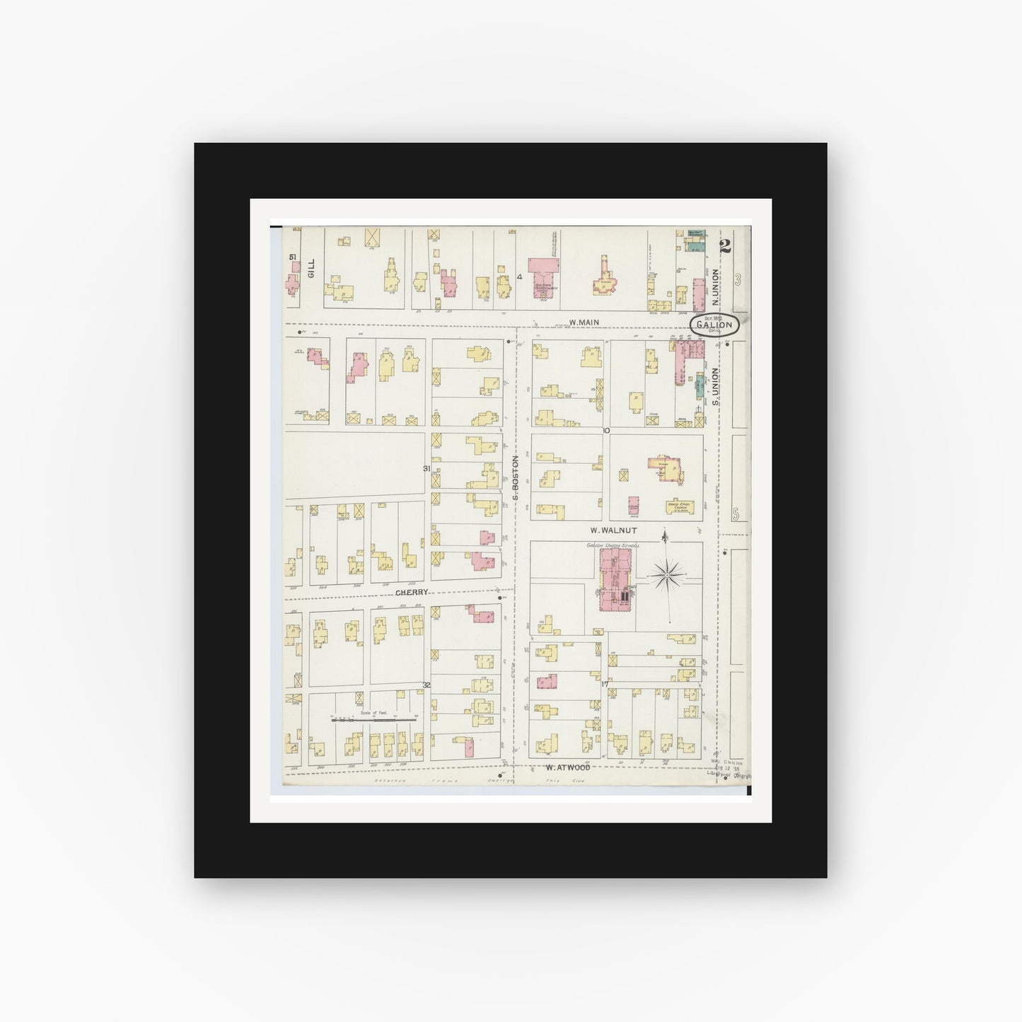 Old map wall art mockup — black gallery frame with white mat — Sanborn Fire Insurance Map from Galion, Crawford County, Ohio (1892), Sheet #0002