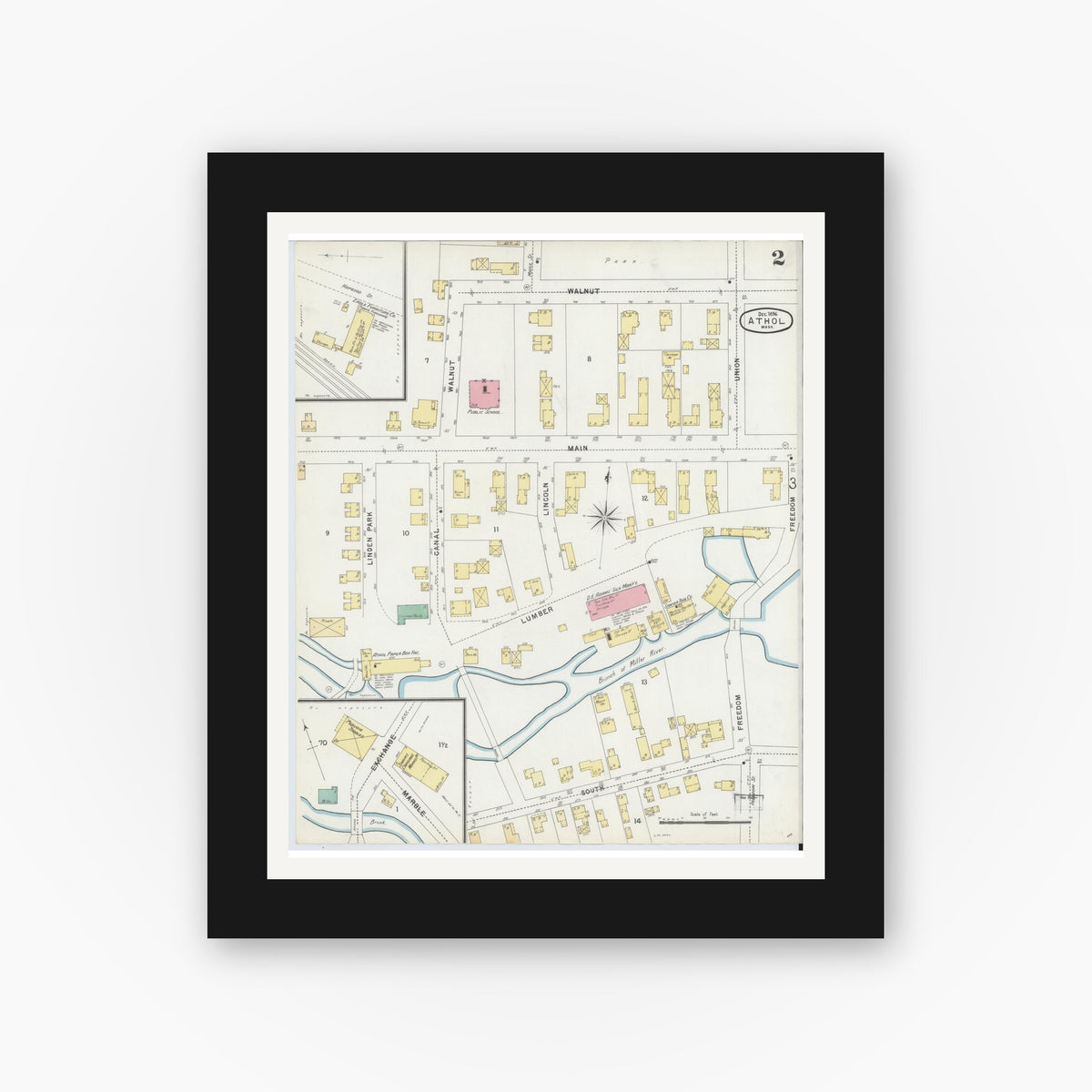 Old map wall art mockup — black gallery frame with white mat — Sanborn Fire Insurance Map from Athol, Worcester County, Massachusetts (1896), Sheet #0002