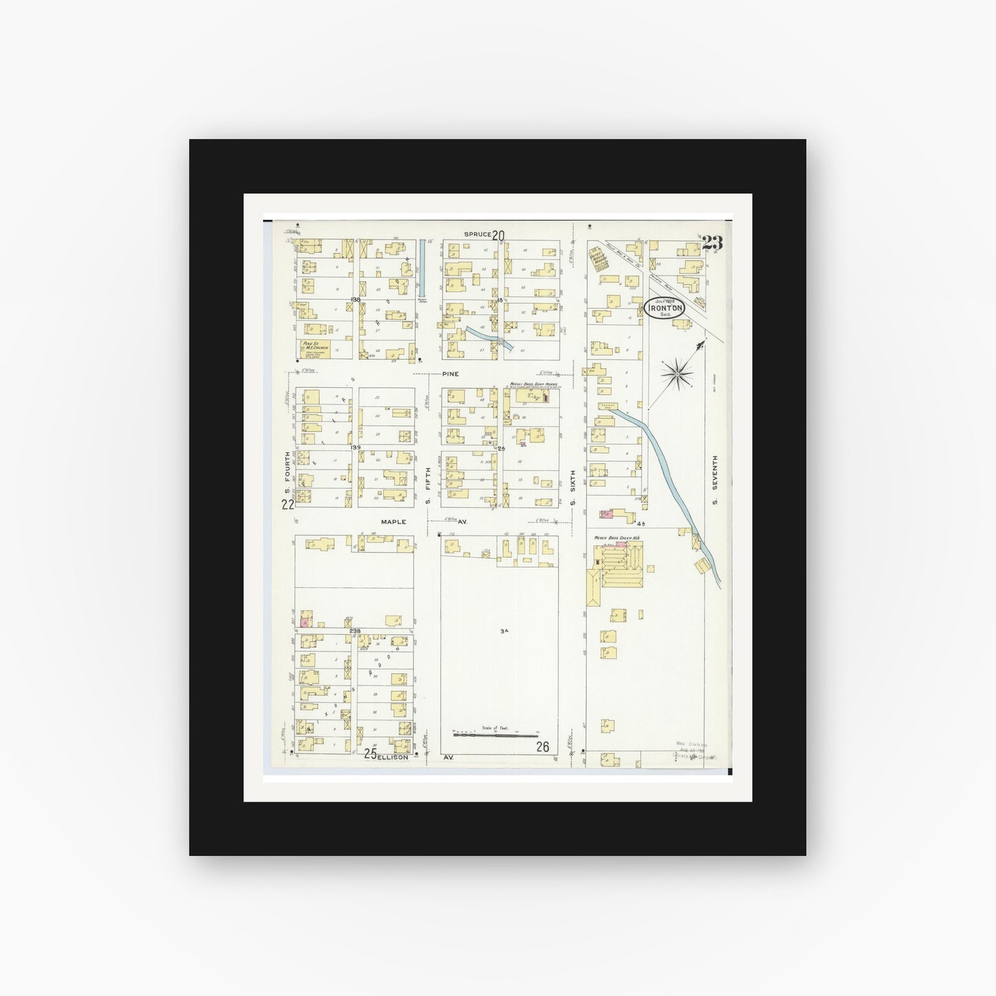 Old map wall art mockup — black gallery frame with white mat — Sanborn Fire Insurance Map from Ironton, Lawrence County, Ohio (1909), Sheet #0023