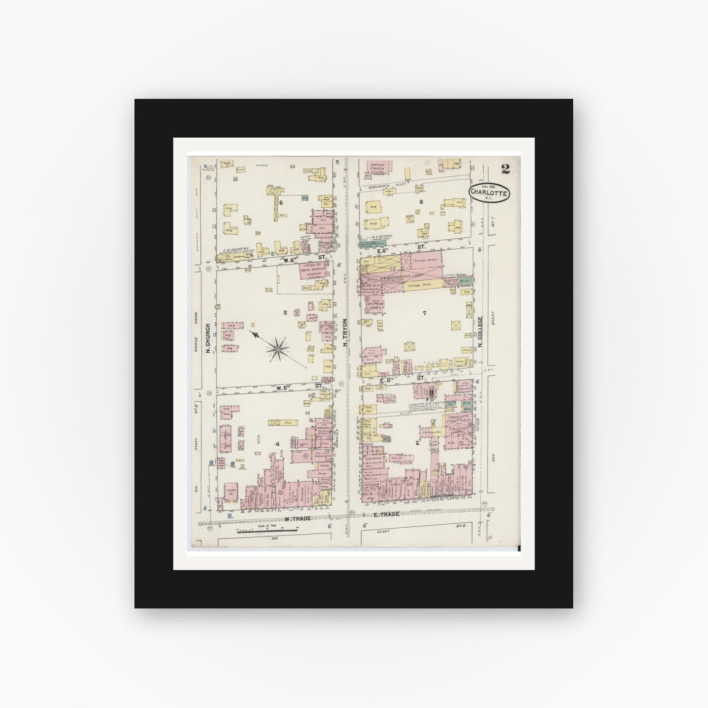 Old map wall art mockup — black gallery frame with white mat — Sanborn Fire Insurance Map from Charlotte, Mecklenburg County, North Carolina (1890), Sheet #0002