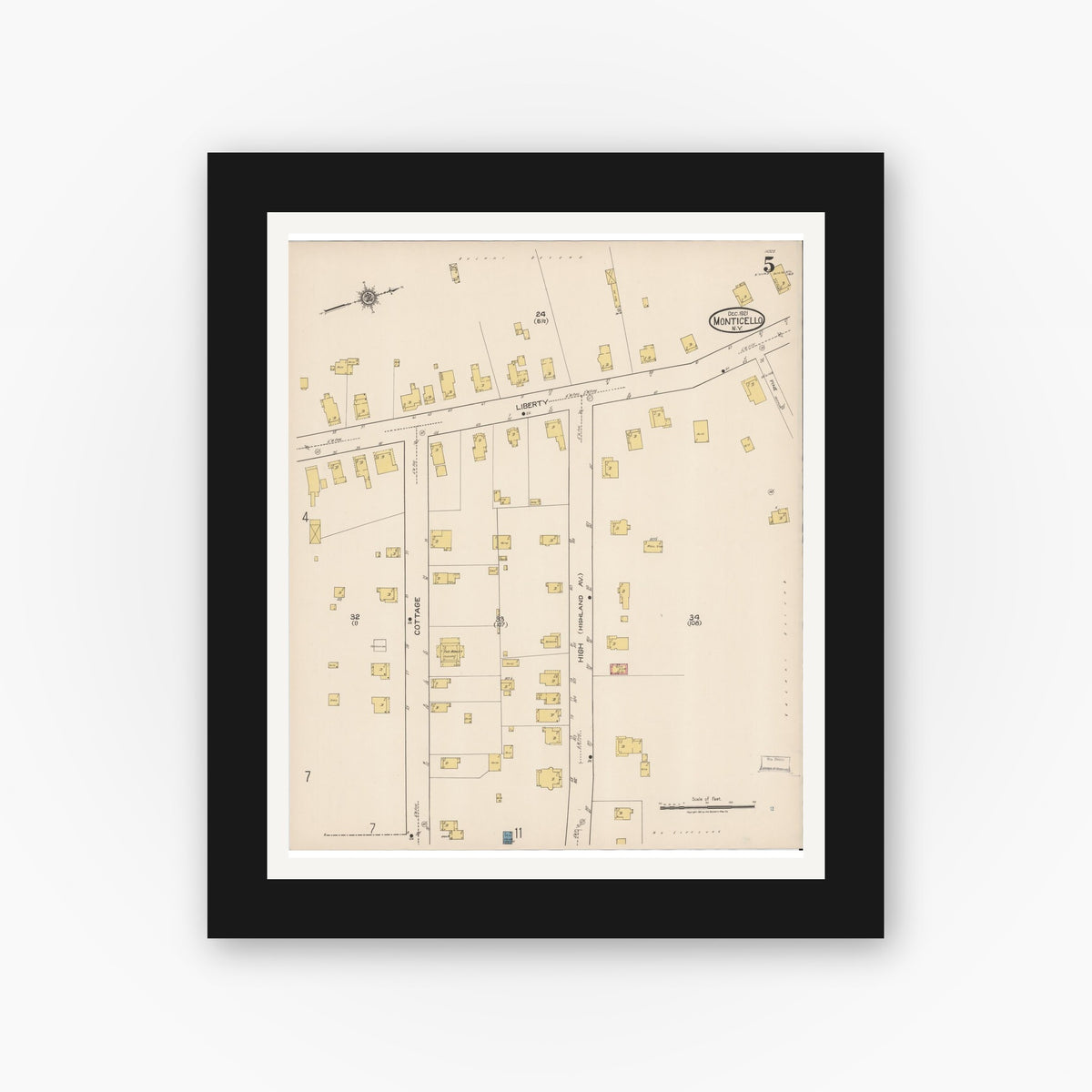 Old map wall art mockup — black gallery frame with white mat — Sanborn Fire Insurance Map from Monticello, Sullivan County, New York (1921), Sheet #0005