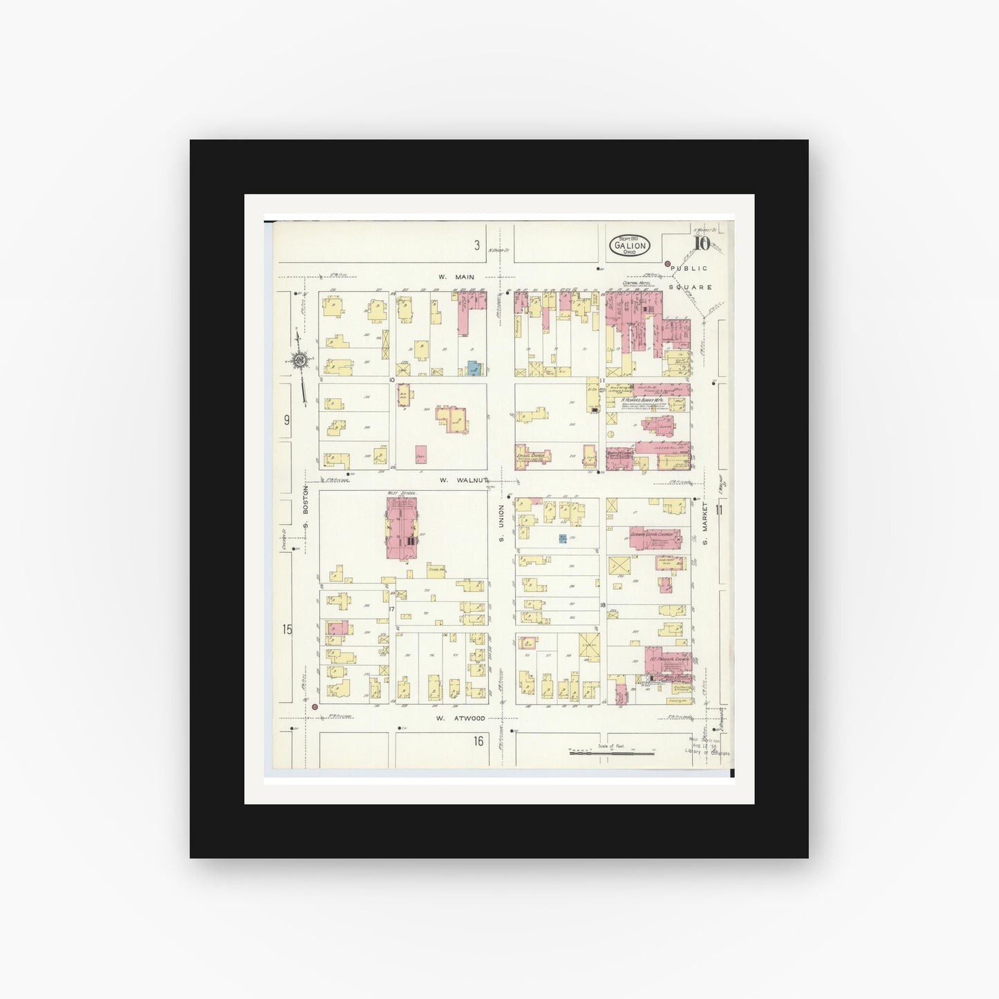Old map wall art mockup — black gallery frame with white mat — Sanborn Fire Insurance Map from Galion, Crawford County, Ohio (1913), Sheet #0010