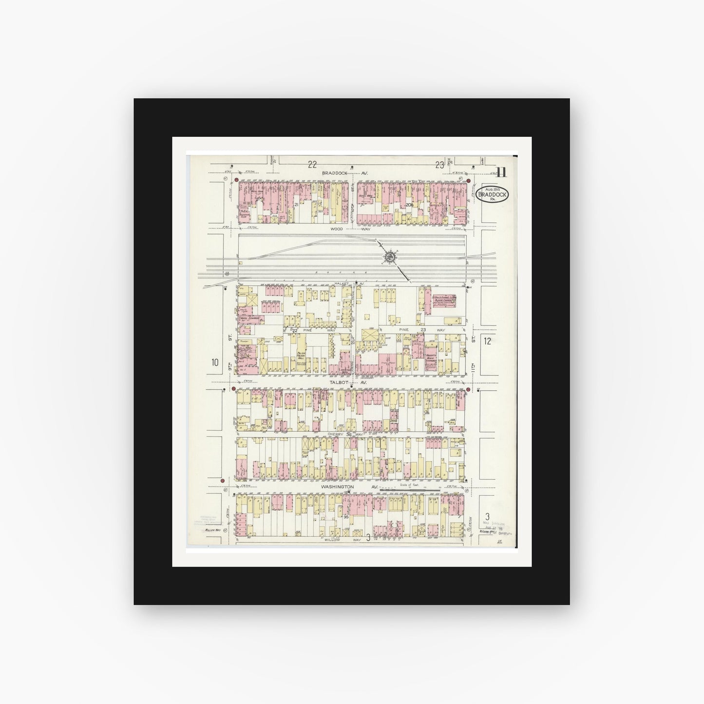 Old map wall art mockup — black gallery frame with white mat — Sanborn Fire Insurance Map from Braddock, Allegheny County, Pennsylvania (1914), Sheet #0011