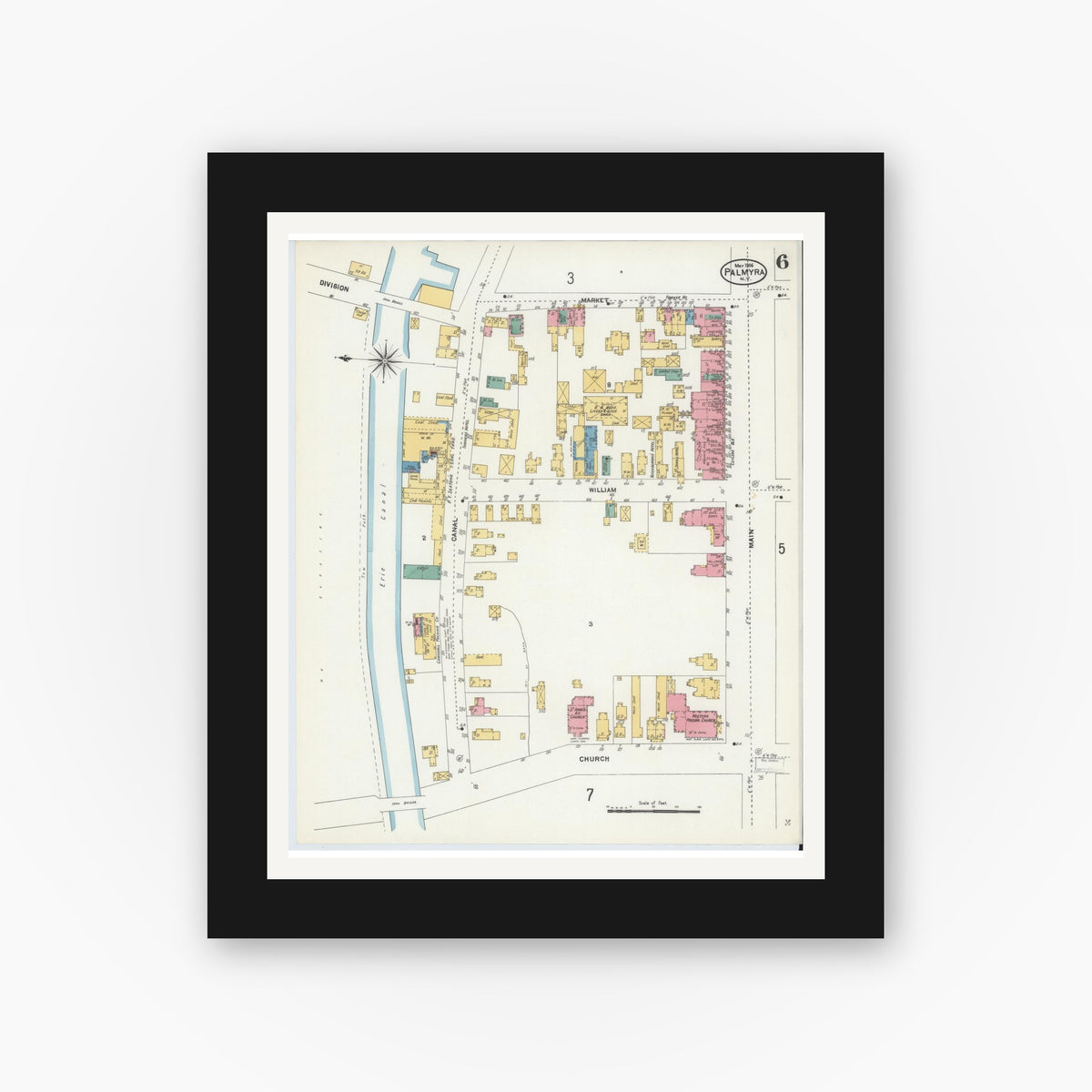 Old map wall art mockup — black gallery frame with white mat — Sanborn Fire Insurance Map from Palmyra, Wayne County, New York (1906), Sheet #0006