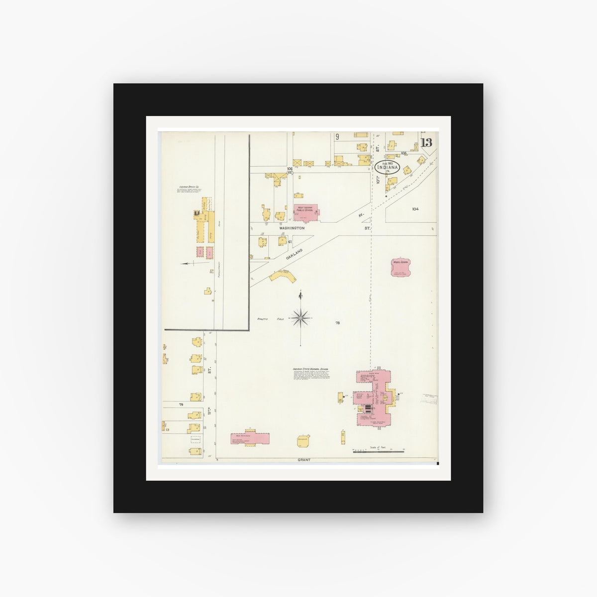 Old map wall art mockup — black gallery frame with white mat — Sanborn Fire Insurance Map from Indiana, Indiana County, Pennsylvania (1903), Sheet #0013