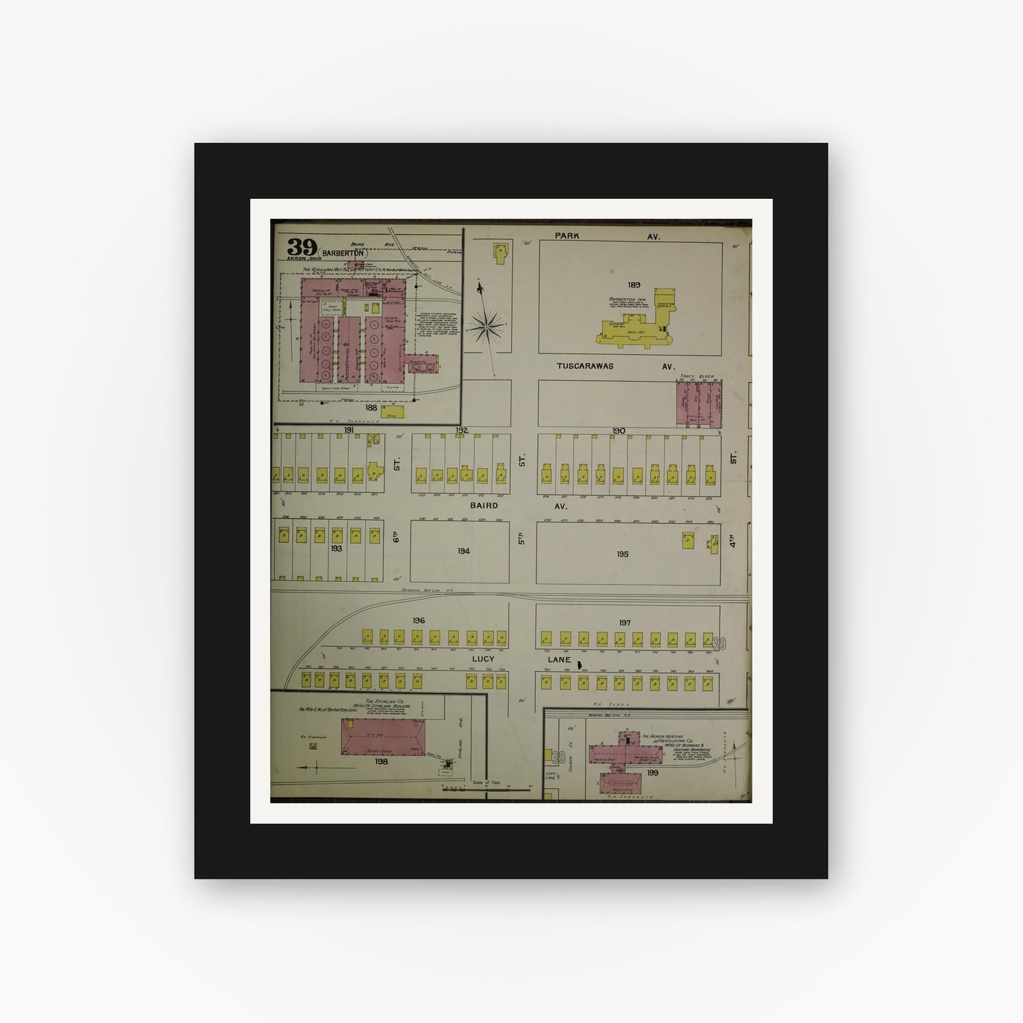 Old map wall art mockup — black gallery frame with white mat — Sanborn Fire Insurance Map from Akron, Summit County, Ohio (1892), Sheet #0039