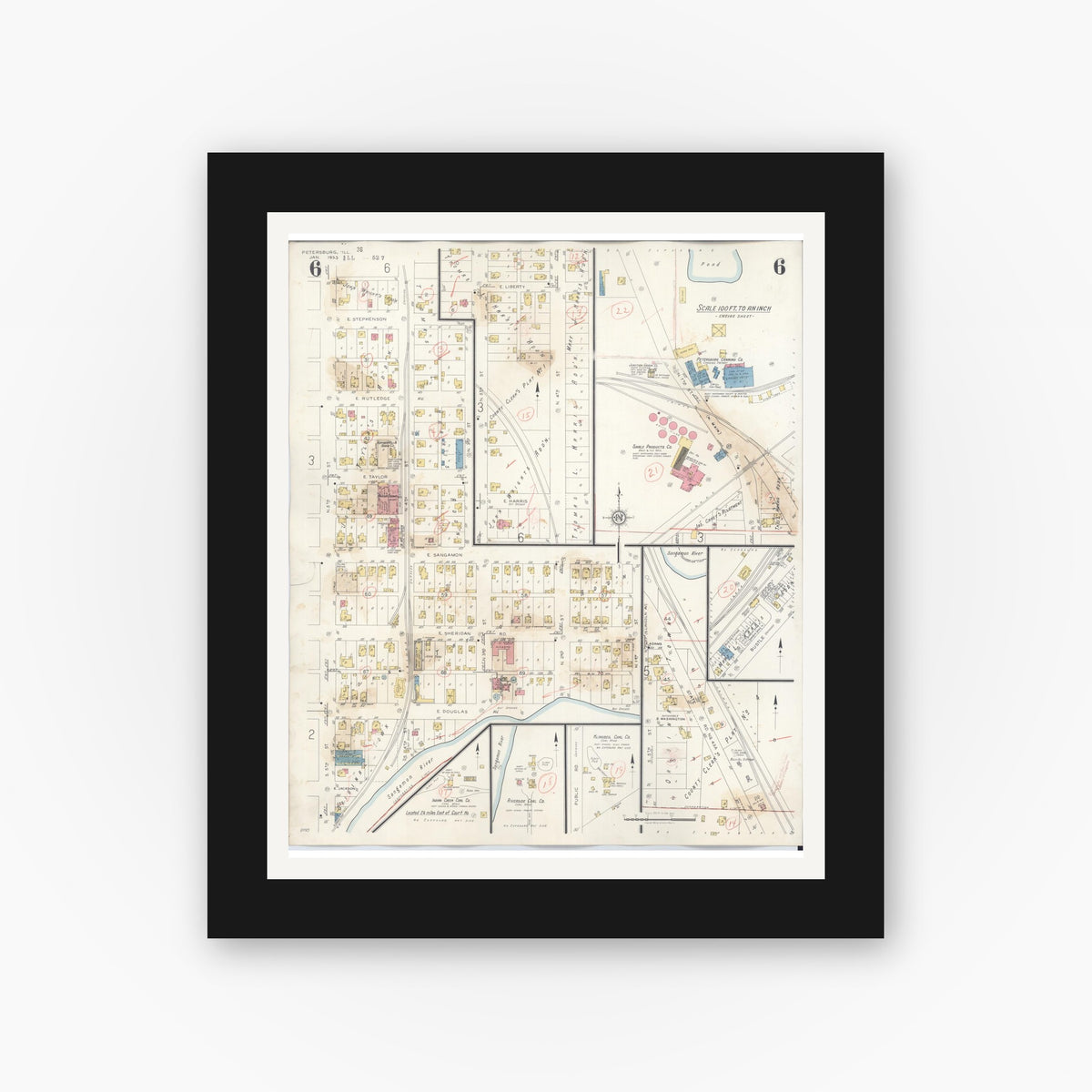 Old map wall art mockup β black gallery frame with white mat β Sanborn Fire Insurance Map from Petersburg, Menard County, Illinois (1943), Sheet #0006