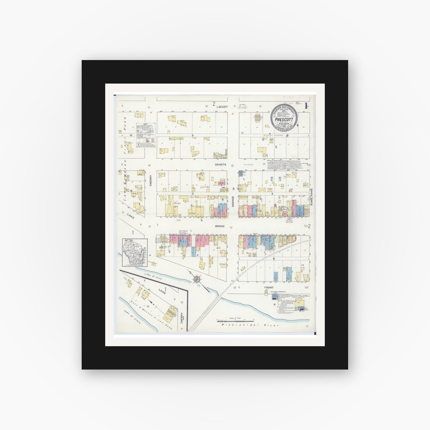 Old map wall art mockup — black gallery frame with white mat — Sanborn Fire Insurance Map from Prescott, Pierce County, Wisconsin (1912) - Complete Map Set