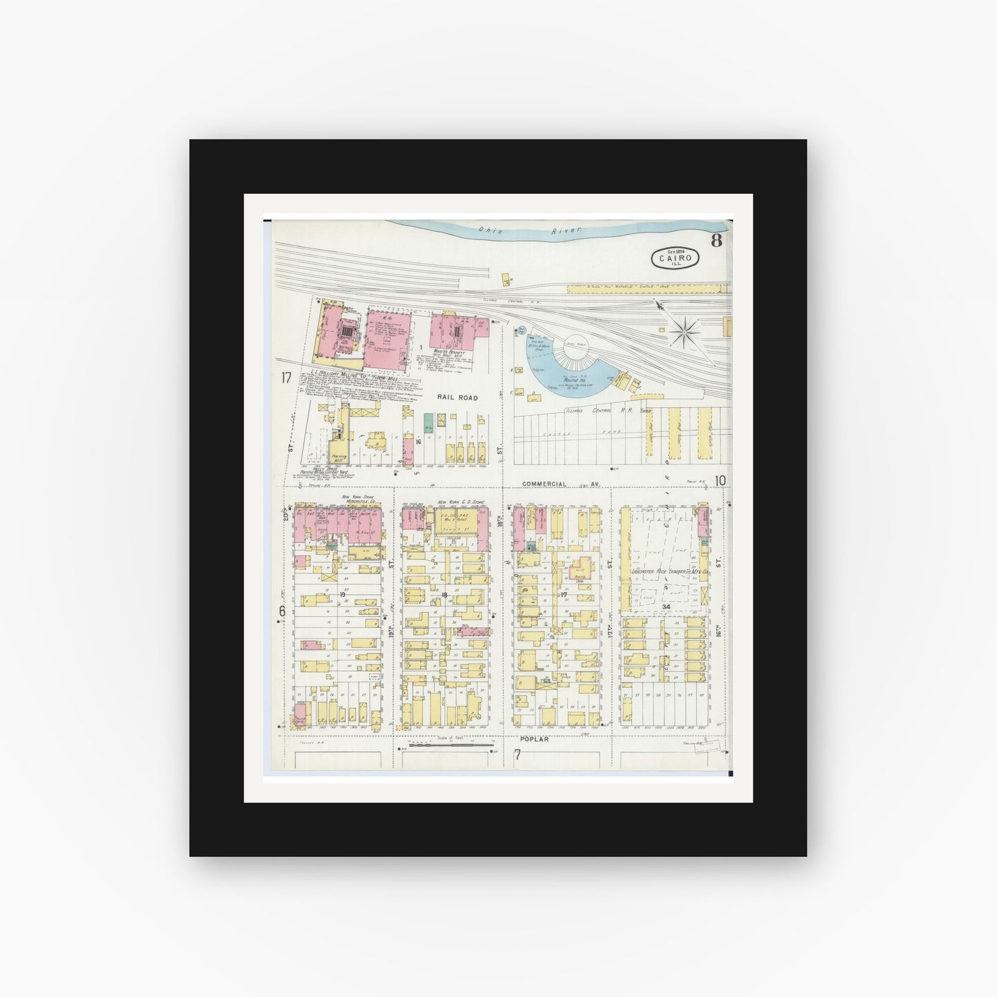 Old map wall art mockup — black gallery frame with white mat — Sanborn Fire Insurance Map from Cairo, Alexander County, Illinois (1896), Sheet #0008