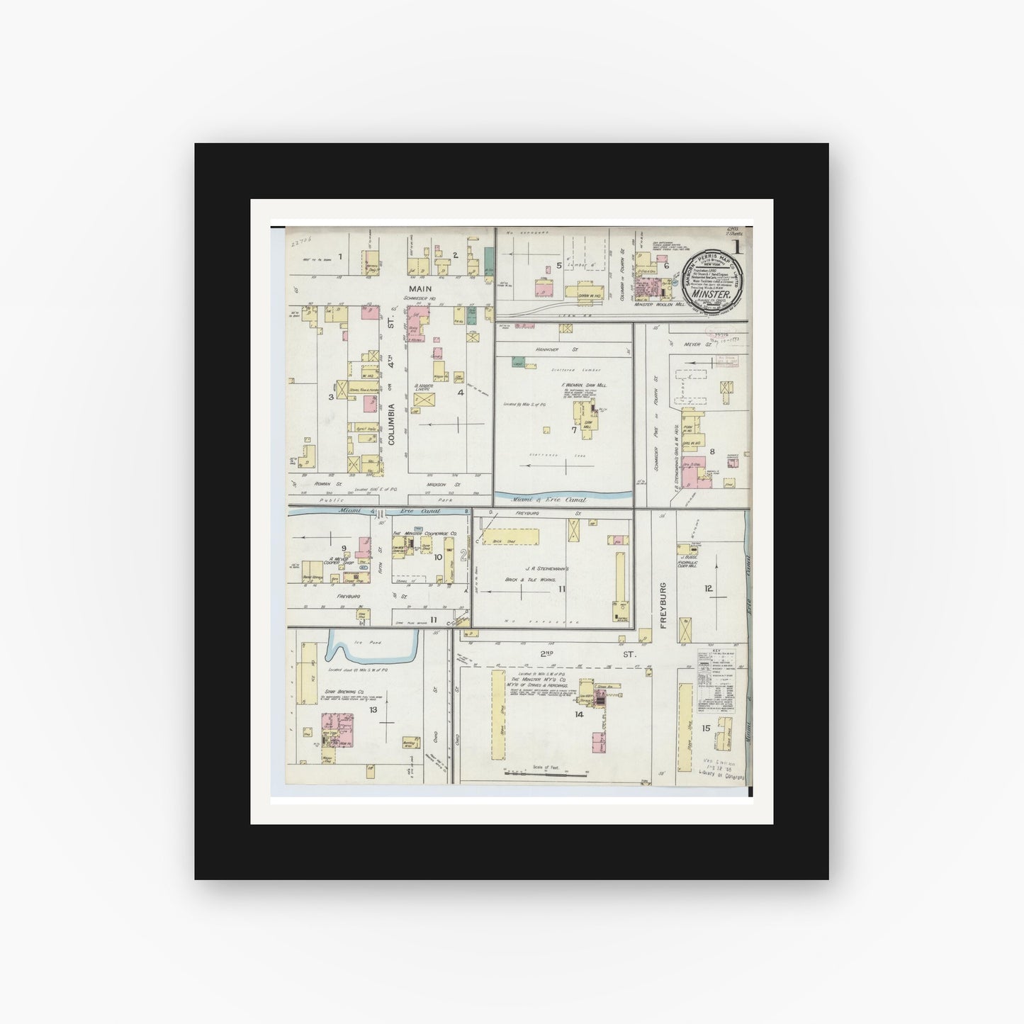 Old map wall art mockup — black gallery frame with white mat — Sanborn Fire Insurance Map from Minster, Auglaize County, Ohio (1893), Sheet #0001