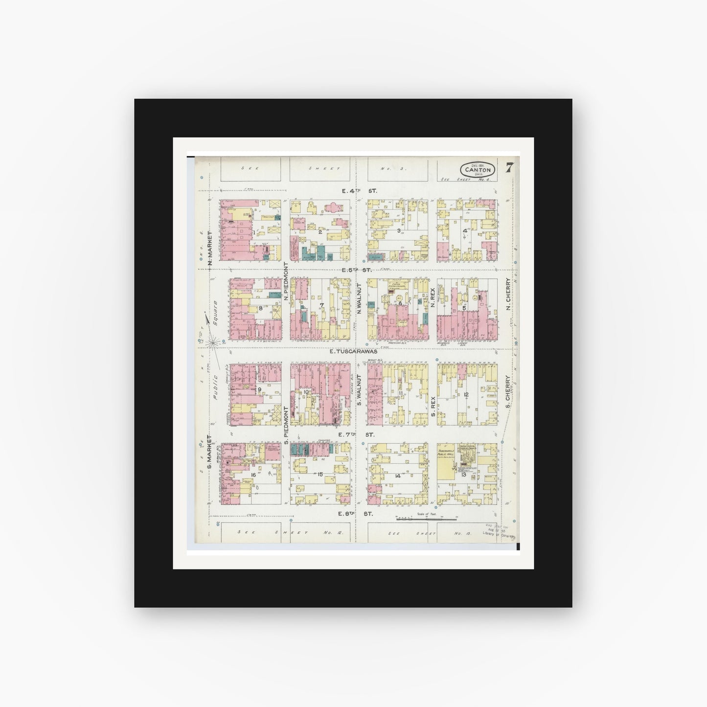 Old map wall art mockup — black gallery frame with white mat — Sanborn Fire Insurance Map from Canton, Stark County, Ohio (1891), Sheet #0007
