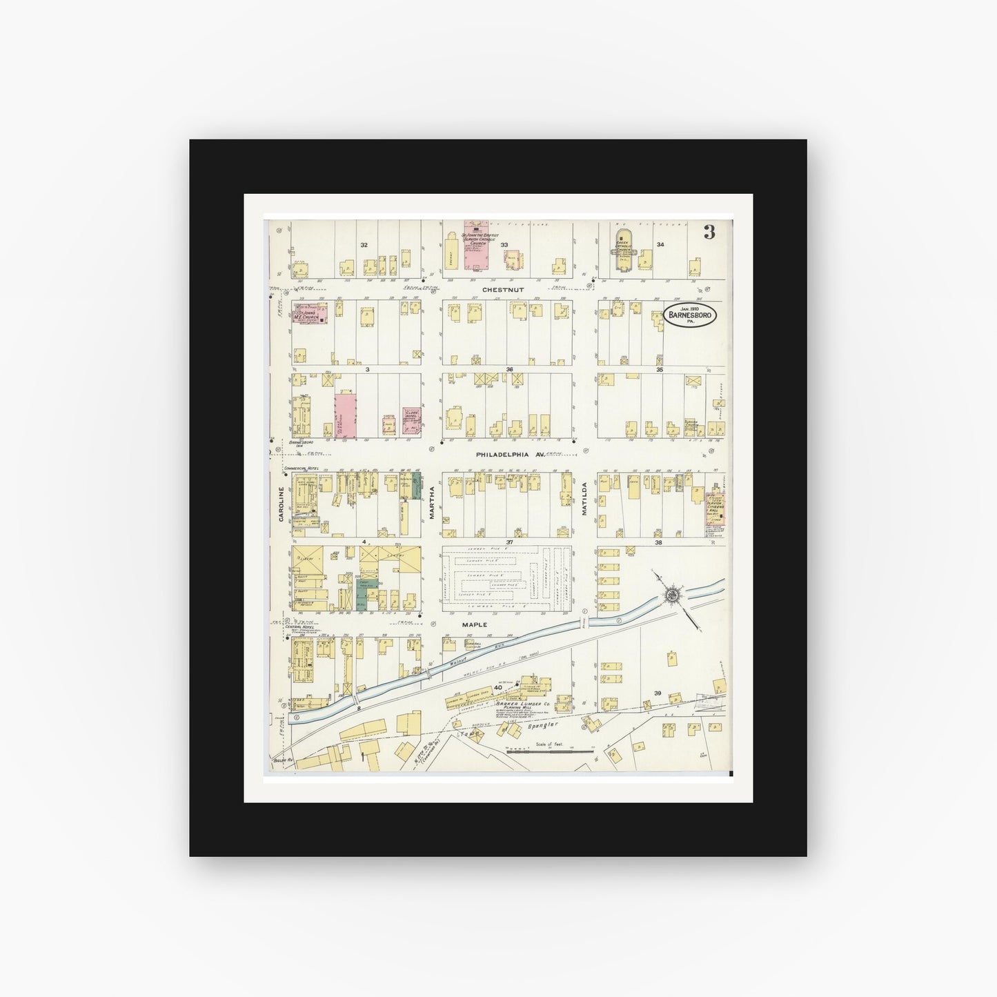 Old map wall art mockup — black gallery frame with white mat — Sanborn Fire Insurance Map from Barnesboro, Cambria County, Pennsylvania (1910), Sheet #0003