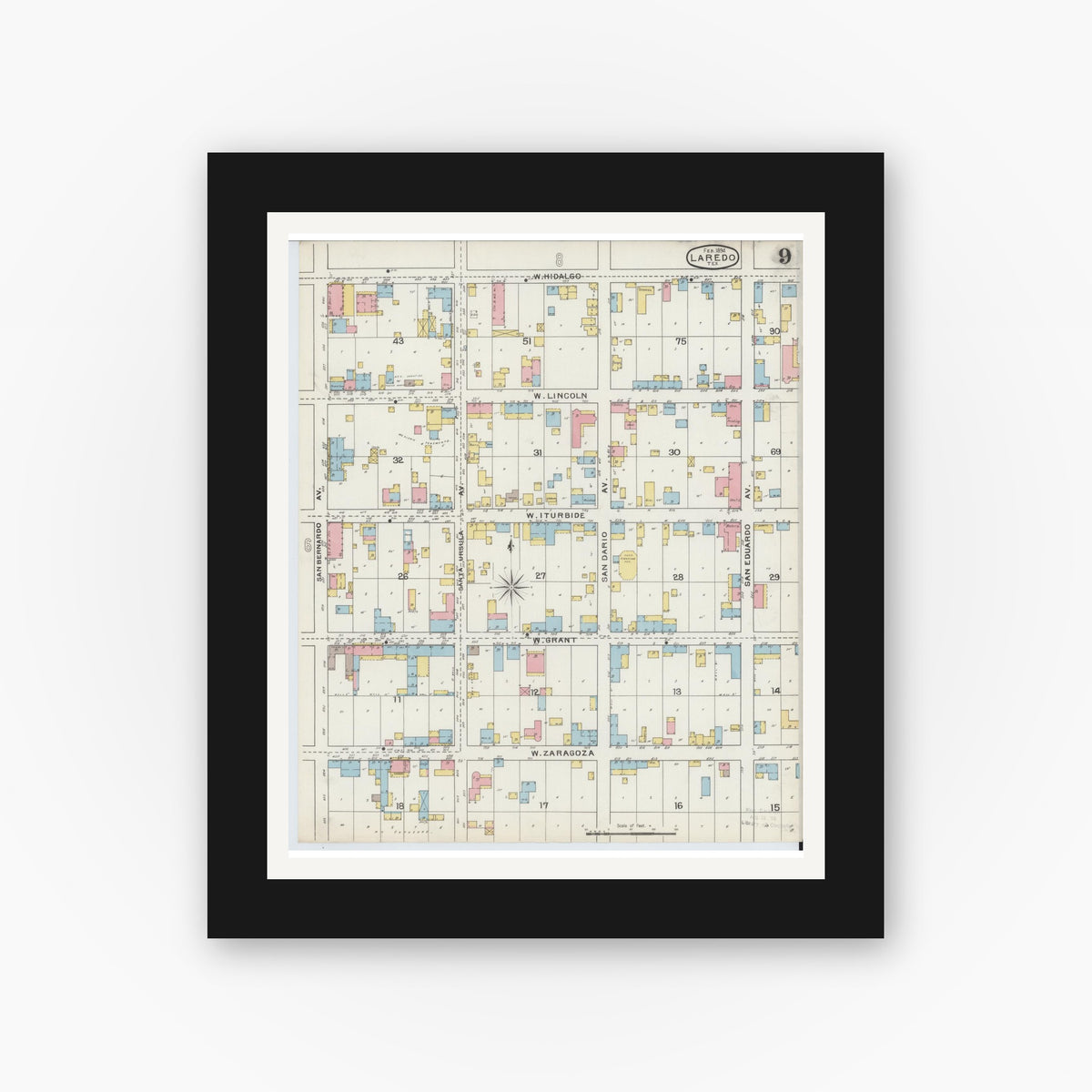 Old map wall art mockup — black gallery frame with white mat — Sanborn Fire Insurance Map from Laredo, Webb County, Texas (1894), Sheet #0009