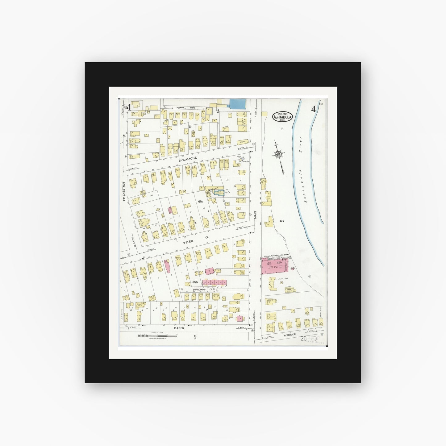 Old map wall art mockup — black gallery frame with white mat — Sanborn Fire Insurance Map from Ashtabula, Ashtabula County, Ohio (1924), Sheet #0004