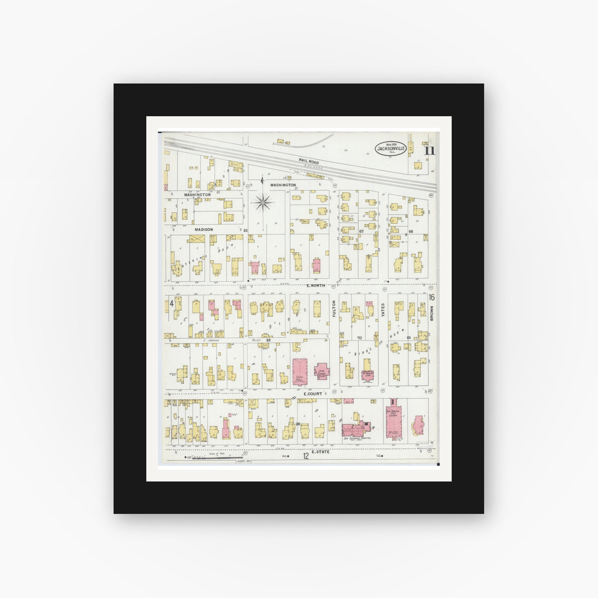 Old map wall art mockup — black gallery frame with white mat — Sanborn Fire Insurance Map from Jacksonville, Morgan County, Illinois (1899), Sheet #0011