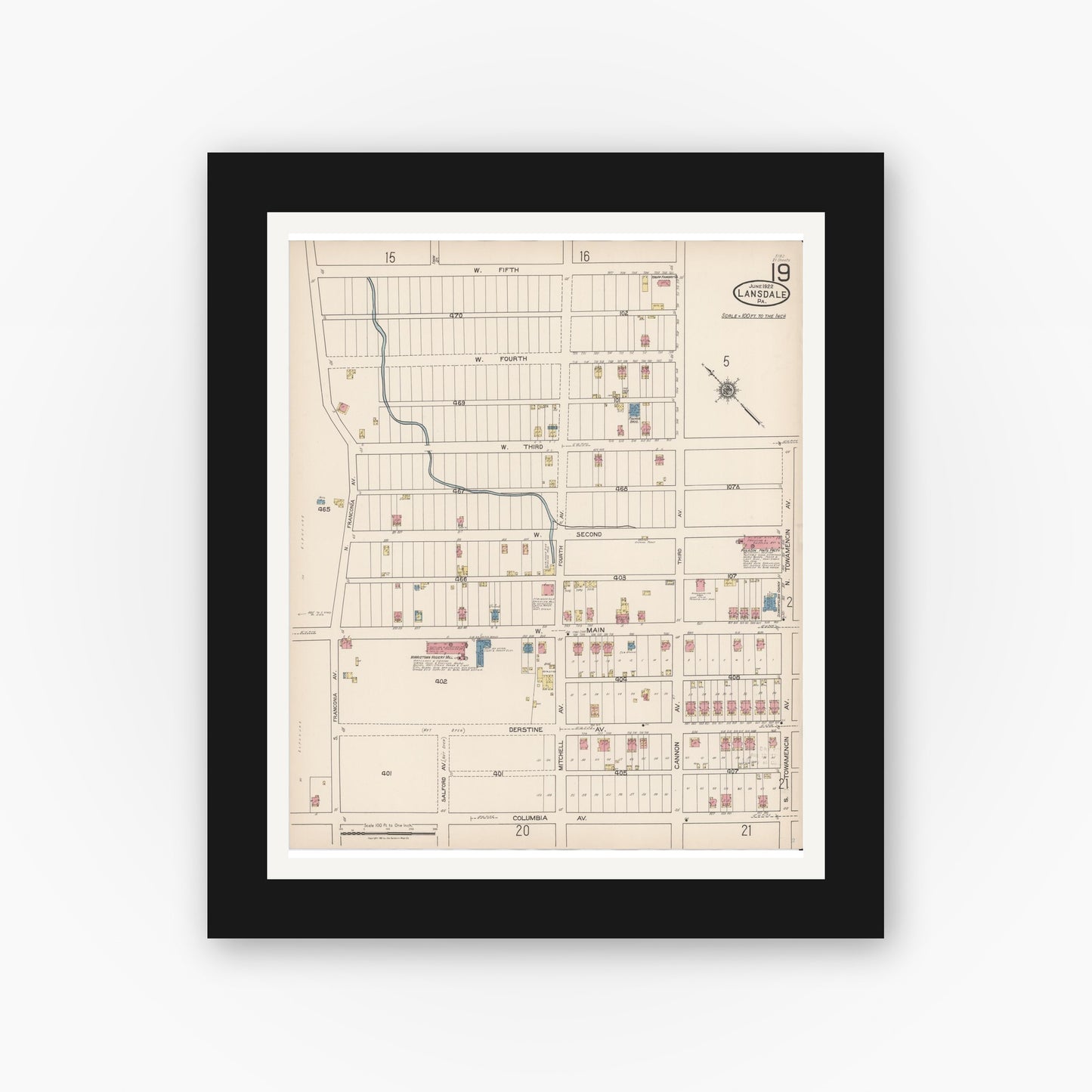 Old map wall art mockup — black gallery frame with white mat — Sanborn Fire Insurance Map from Lansdale, Montgomery County, Pennsylvania (1922), Sheet #0019