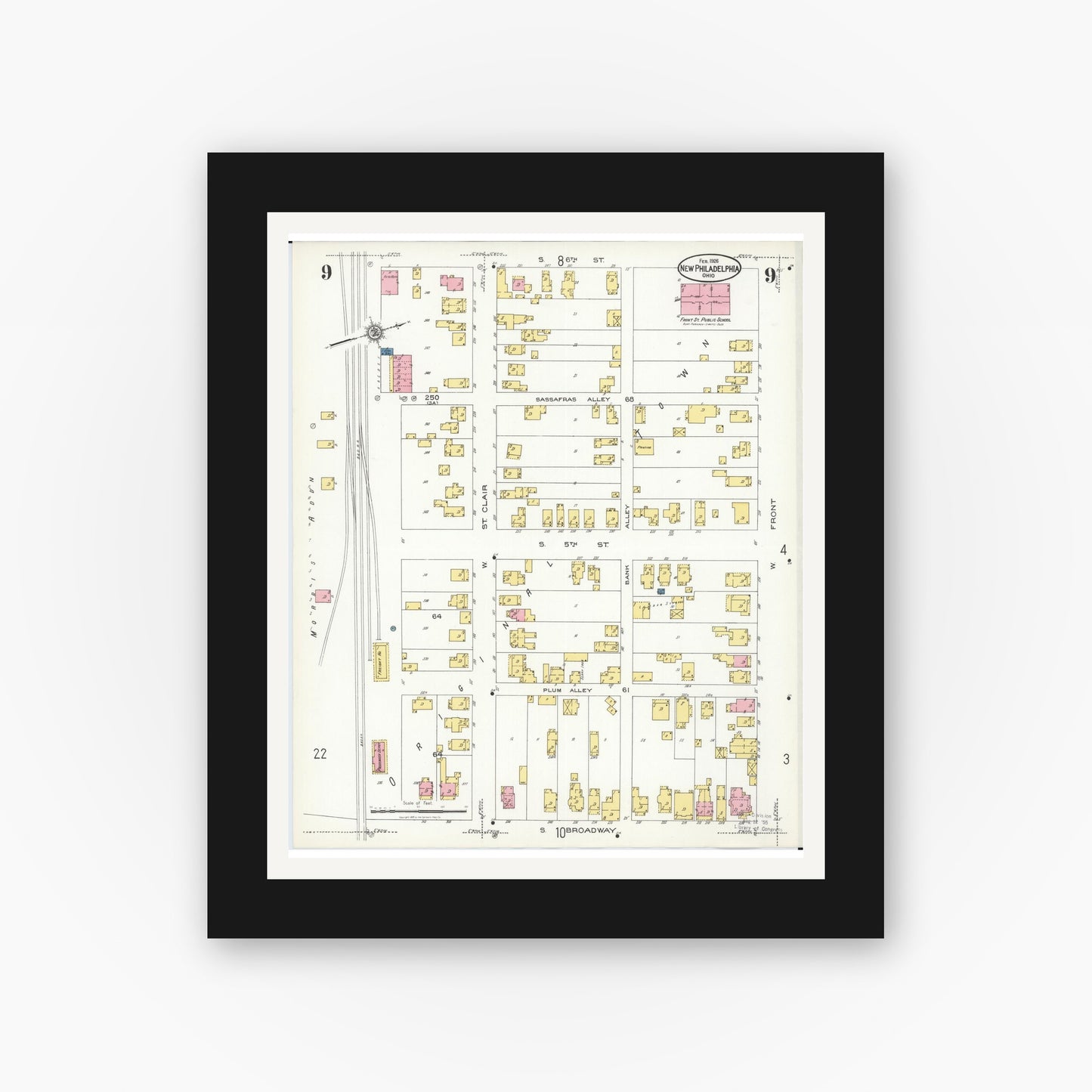 Old map wall art mockup — black gallery frame with white mat — Sanborn Fire Insurance Map from New Philadelphia, Tuscarawas County, Ohio (1926), Sheet #0009