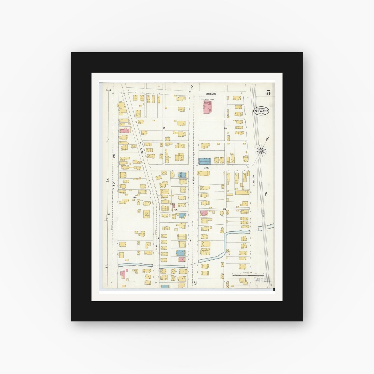 Old map wall art mockup — black gallery frame with white mat — Sanborn Fire Insurance Map from Newark, Licking County, Ohio (1905), Sheet #0005
