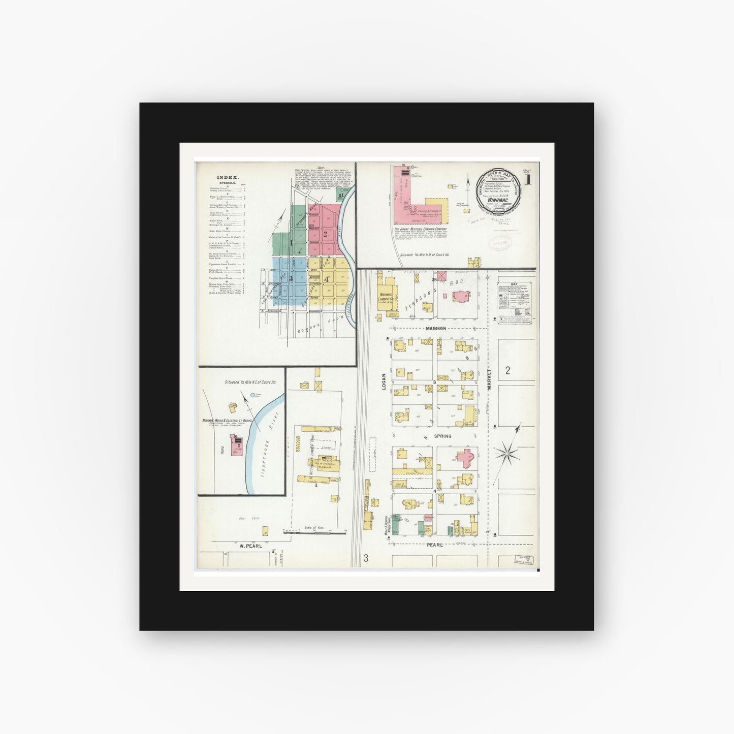 Old map wall art mockup — black gallery frame with white mat — Sanborn Fire Insurance Map from Winamac, Pulaski County, Indiana (1899) - Complete Map Set