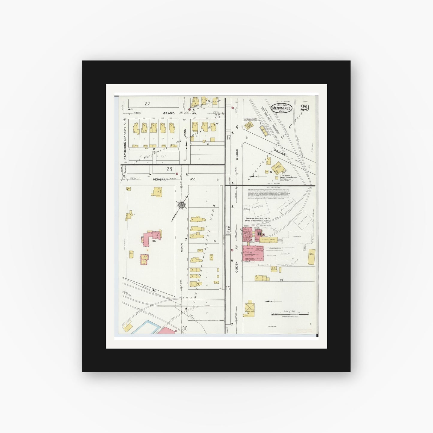 Old map wall art mockup — black gallery frame with white mat — Sanborn Fire Insurance Map from Menominee, Menominee County, Michigan (1921), Sheet #0029