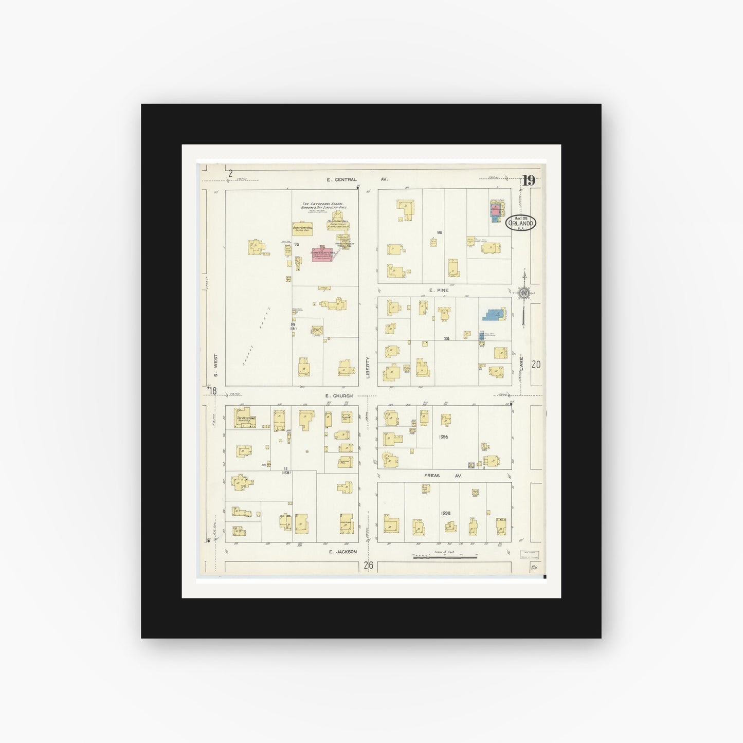 Old map wall art mockup — black gallery frame with white mat — Sanborn Fire Insurance Map from Orlando, Orange County, Florida (1913), Sheet #0019
