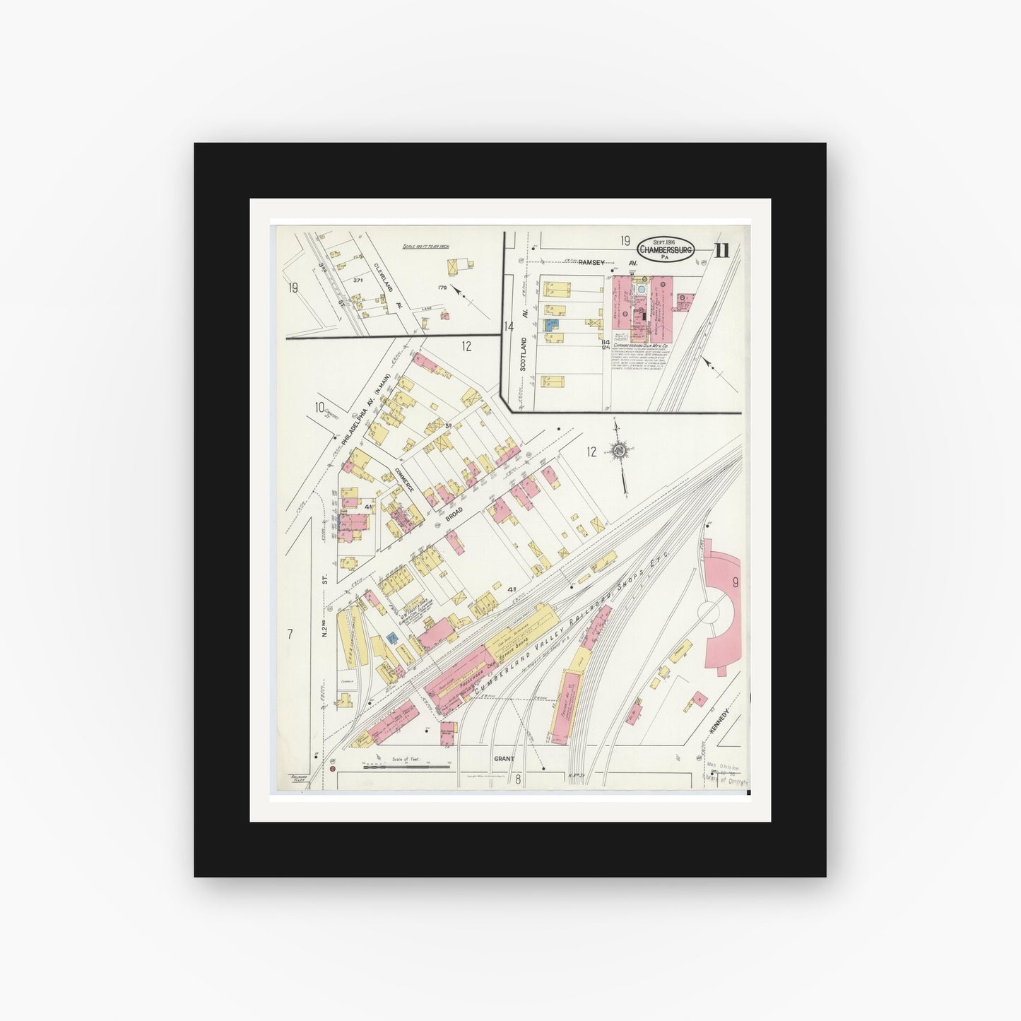Old map wall art mockup — black gallery frame with white mat — Sanborn Fire Insurance Map from Chambersburg, Franklin County, Pennsylvania (1916), Sheet #0011