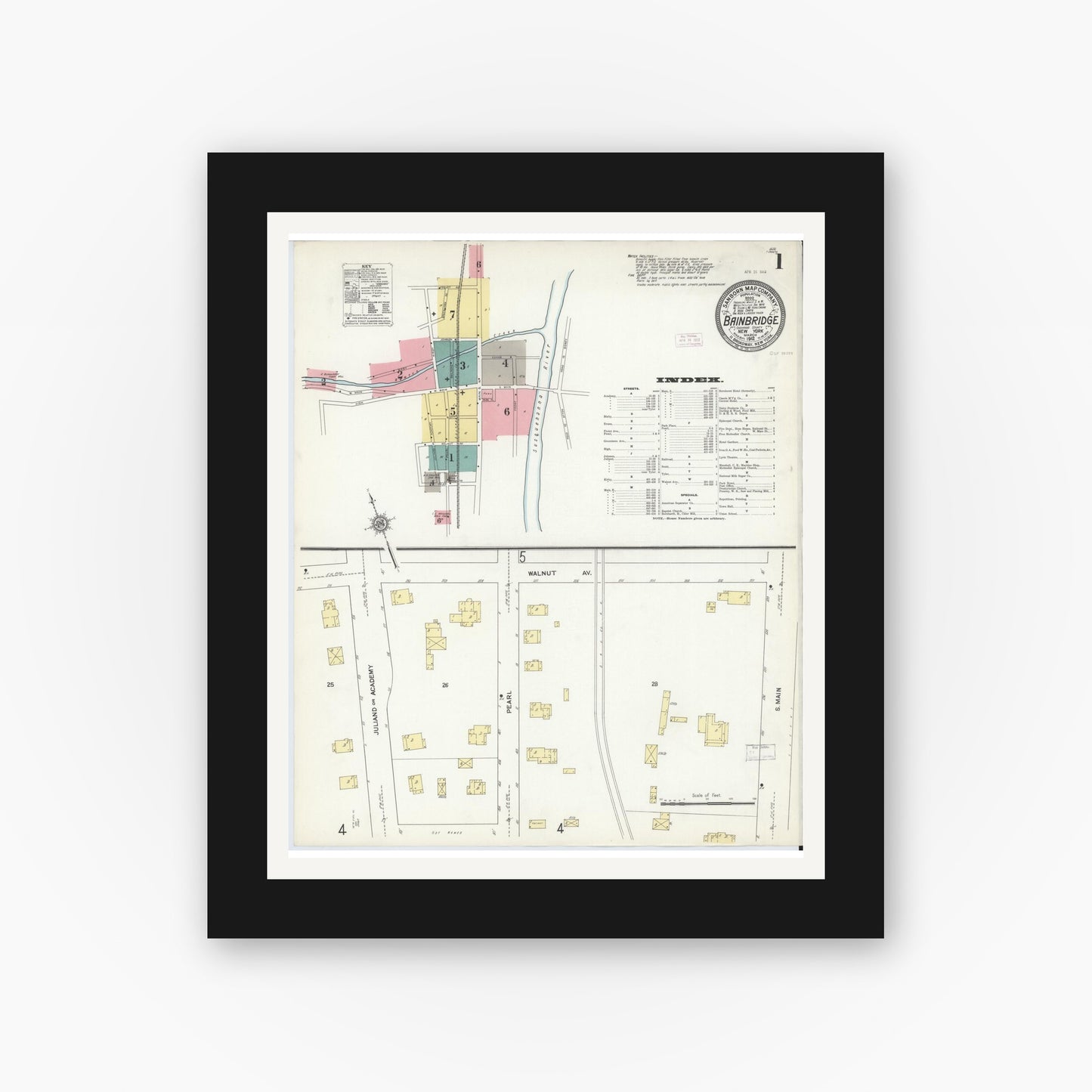 Old map wall art mockup — black gallery frame with white mat — Sanborn Fire Insurance Map from Bainbridge, Chenango County, New York (1912), Sheet #0001