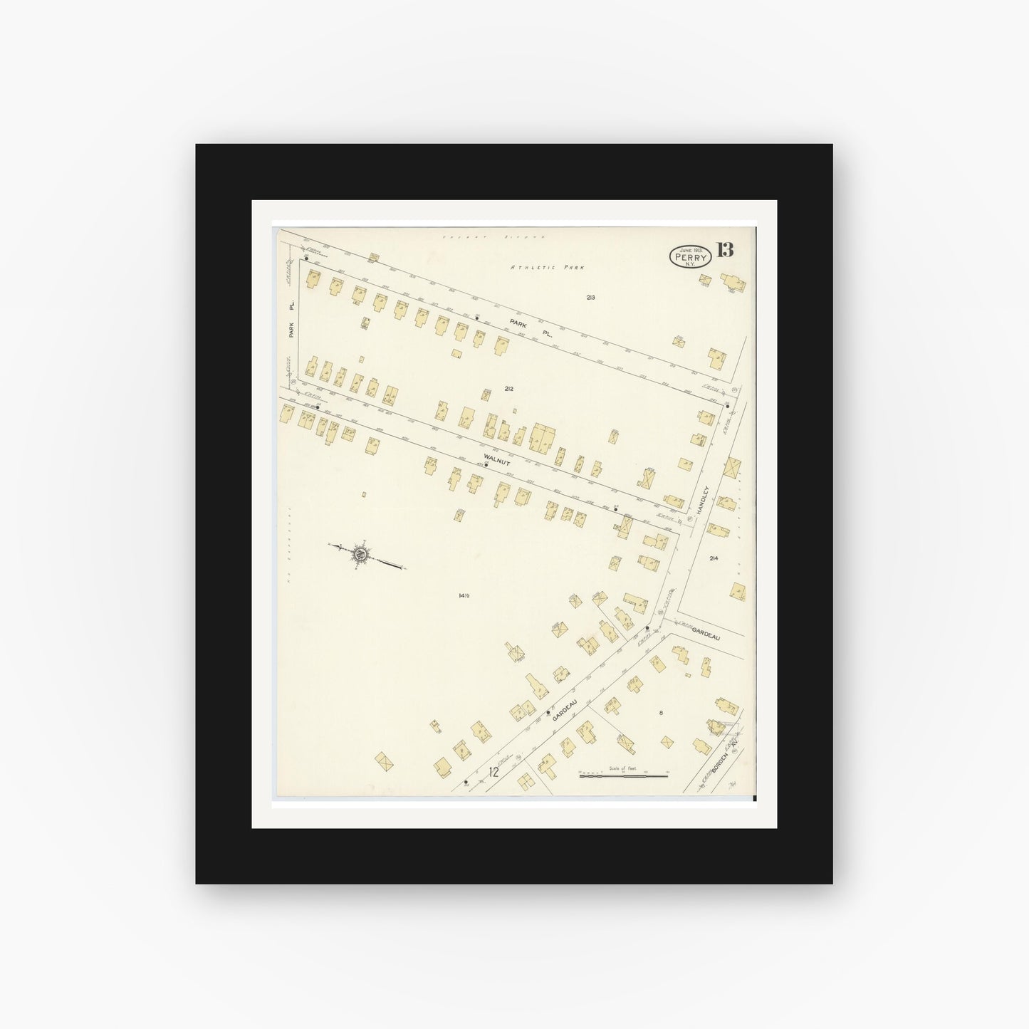 Old map wall art mockup — black gallery frame with white mat — Sanborn Fire Insurance Map from Perry, Wyoming County, New York (1913), Sheet #0013