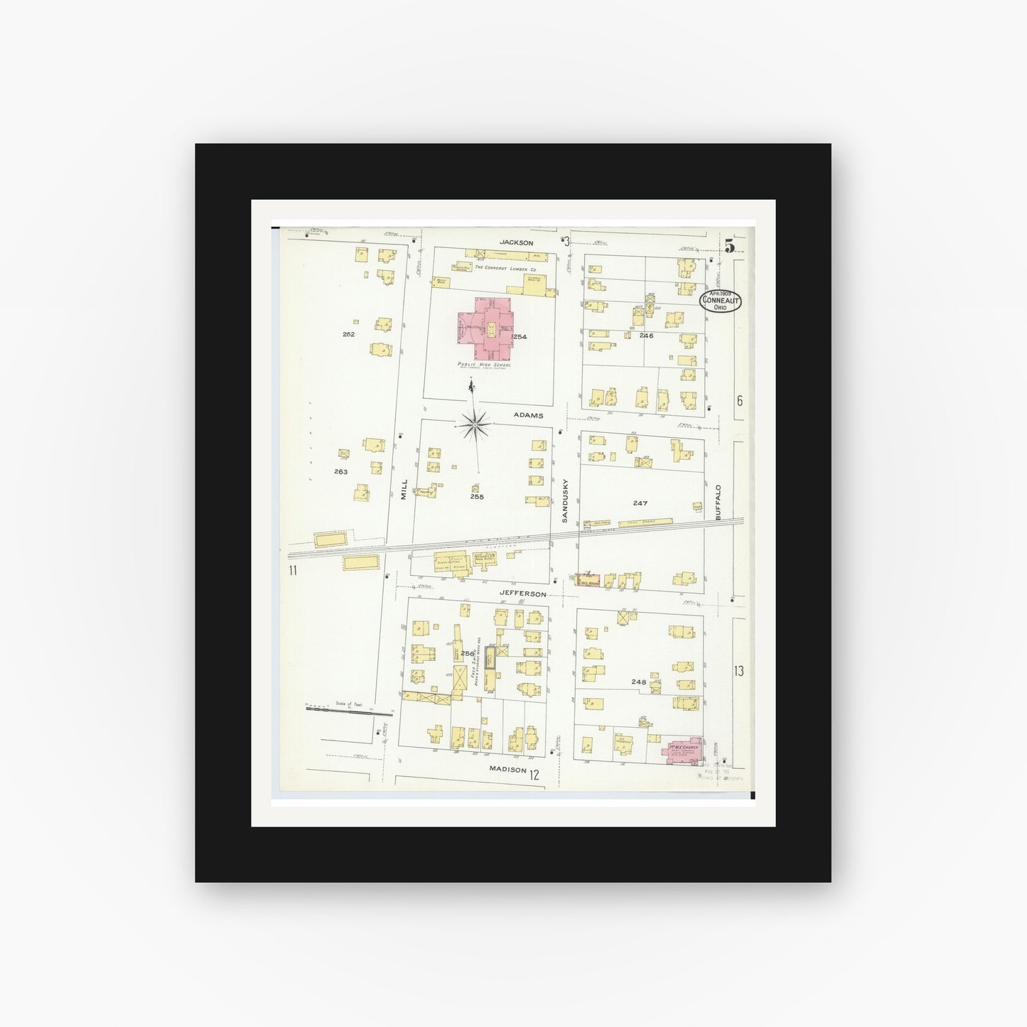 Old map wall art mockup — black gallery frame with white mat — Sanborn Fire Insurance Map from Conneaut, Ashtabula County, Ohio (1909), Sheet #0005