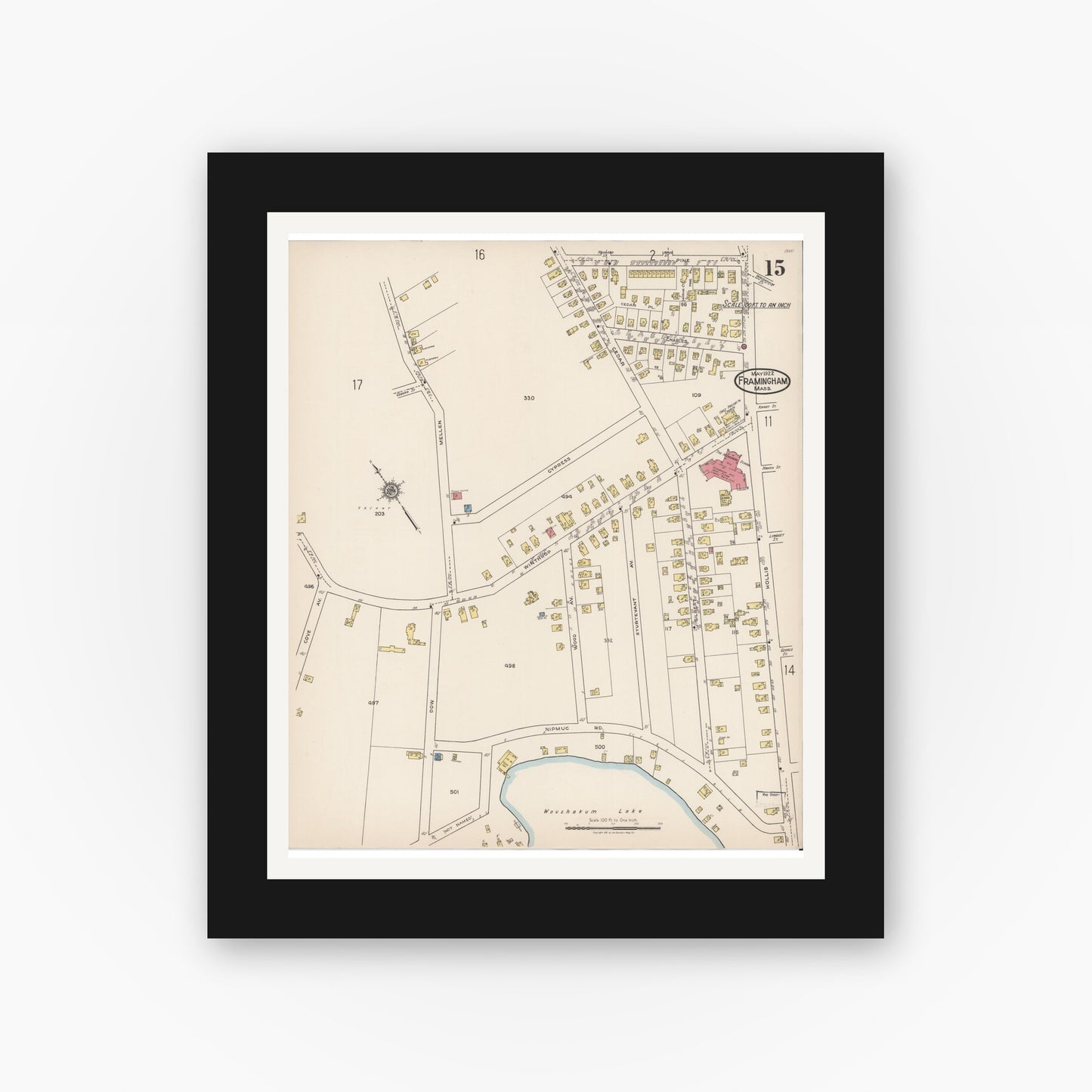 Old map wall art mockup — black gallery frame with white mat — Sanborn Fire Insurance Map from Framingham, Middlesex County, Massachusetts (1922), Sheet #0015
