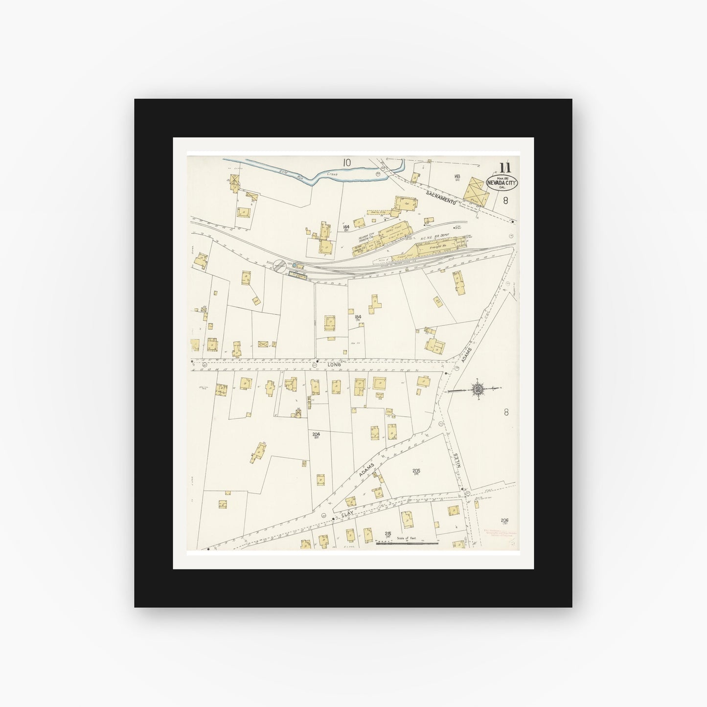 Old map wall art mockup — black gallery frame with white mat — Sanborn Fire Insurance Map from Nevada City, Nevada County, California (1912), Sheet #0011