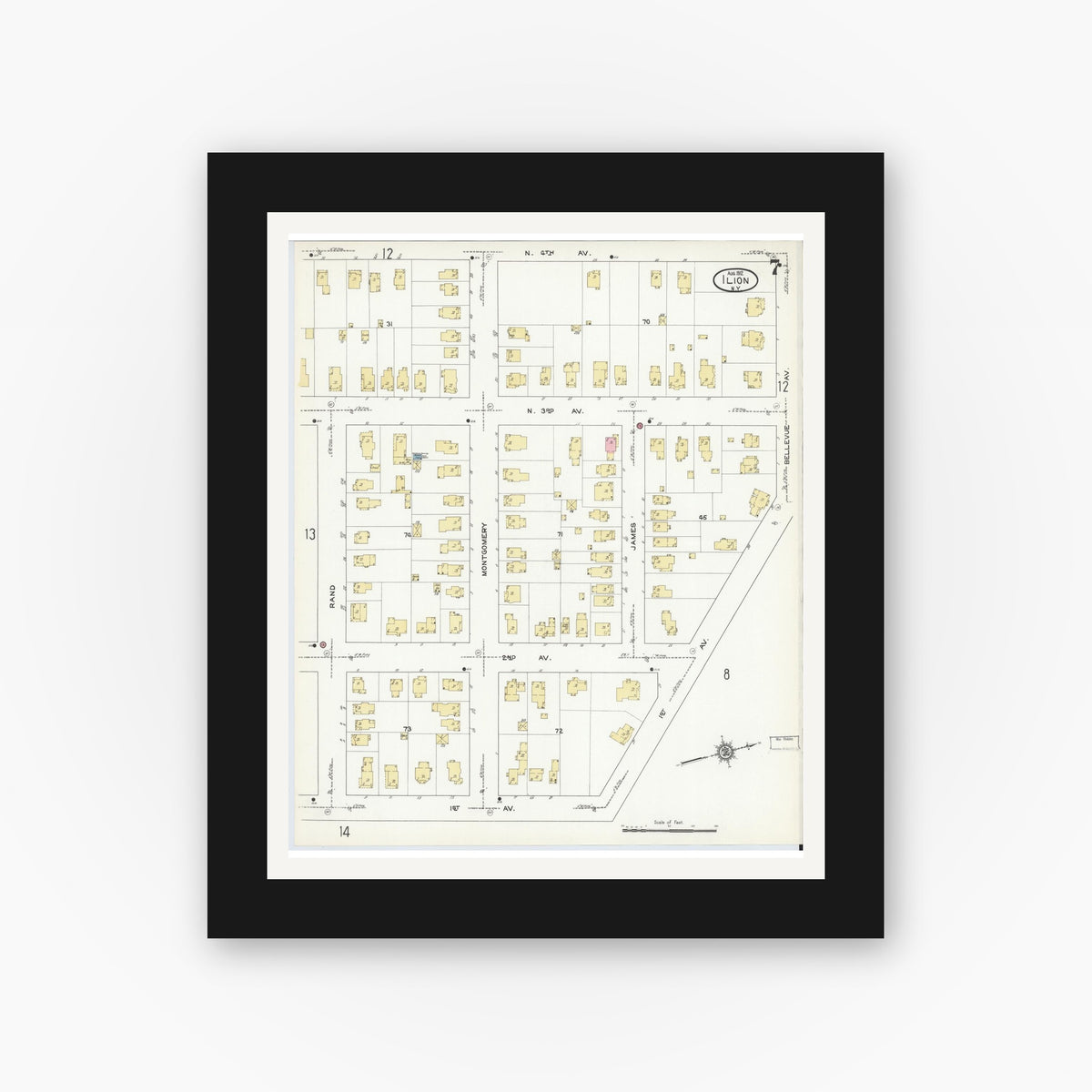 Old map wall art mockup — black gallery frame with white mat — Sanborn Fire Insurance Map from Ilion, Herkimer County, New York (1912), Sheet #0007