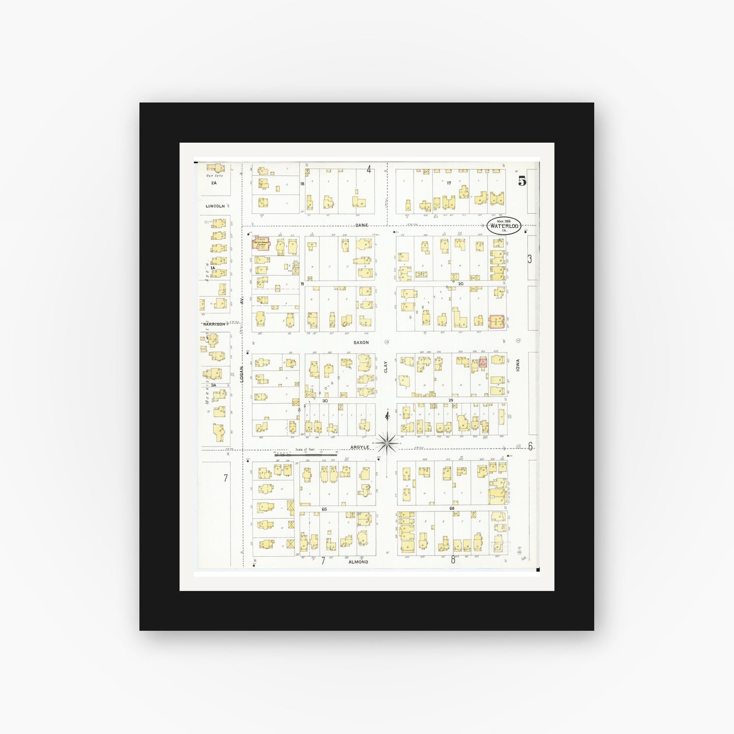 Old map wall art mockup — black gallery frame with white mat — Sanborn Fire Insurance Map from Waterloo, Black Hawk County, Iowa (1906), Sheet #0005