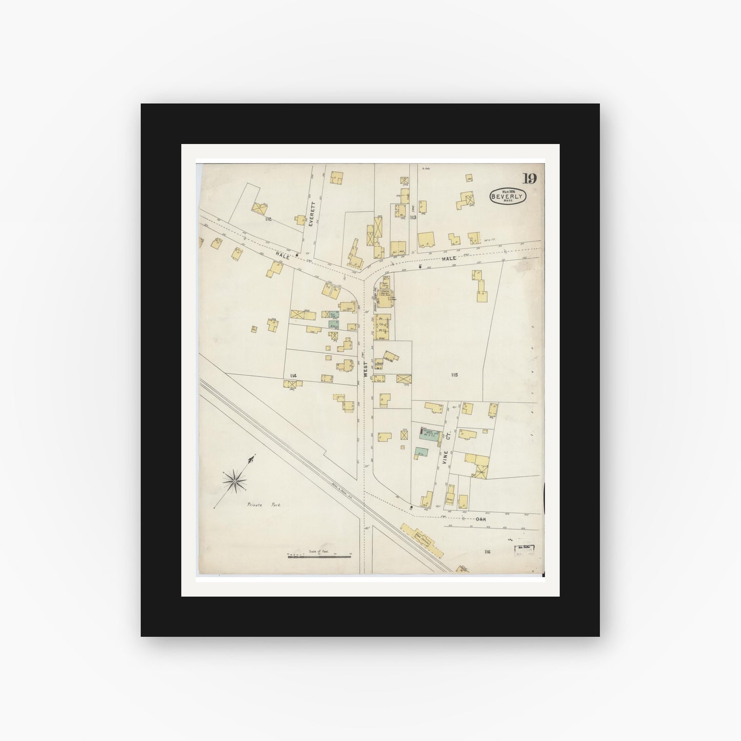 Old map wall art mockup — black gallery frame with white mat — Sanborn Fire Insurance Map from Beverly, Essex County, Massachusetts (1896), Sheet #0019