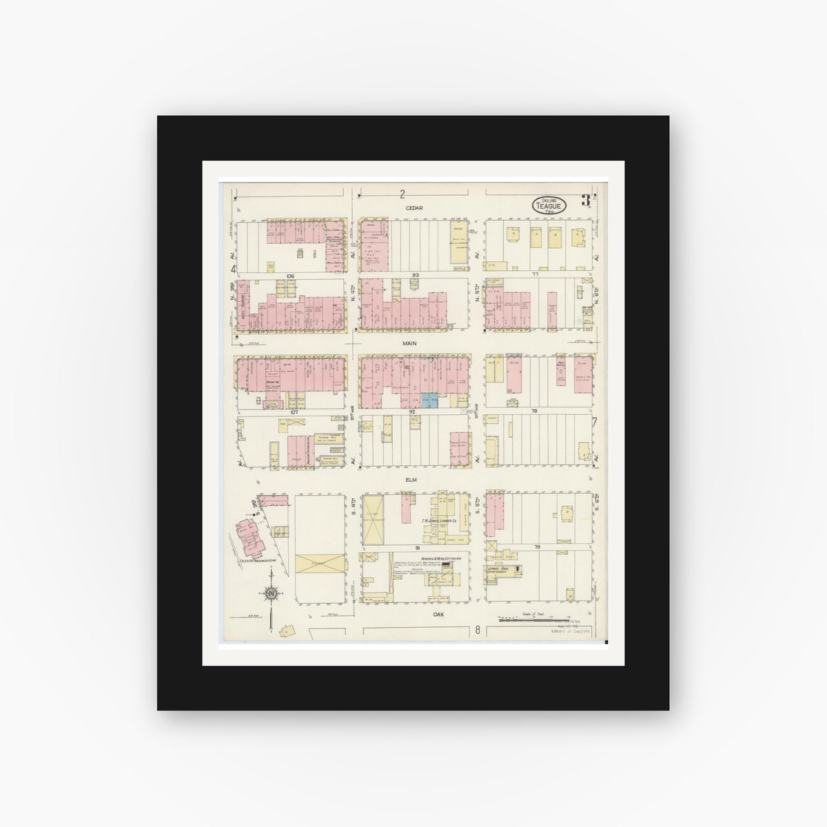 Old map wall art mockup — black gallery frame with white mat — Sanborn Fire Insurance Map from Teague, Freestone County, Texas (1914), Sheet #0003