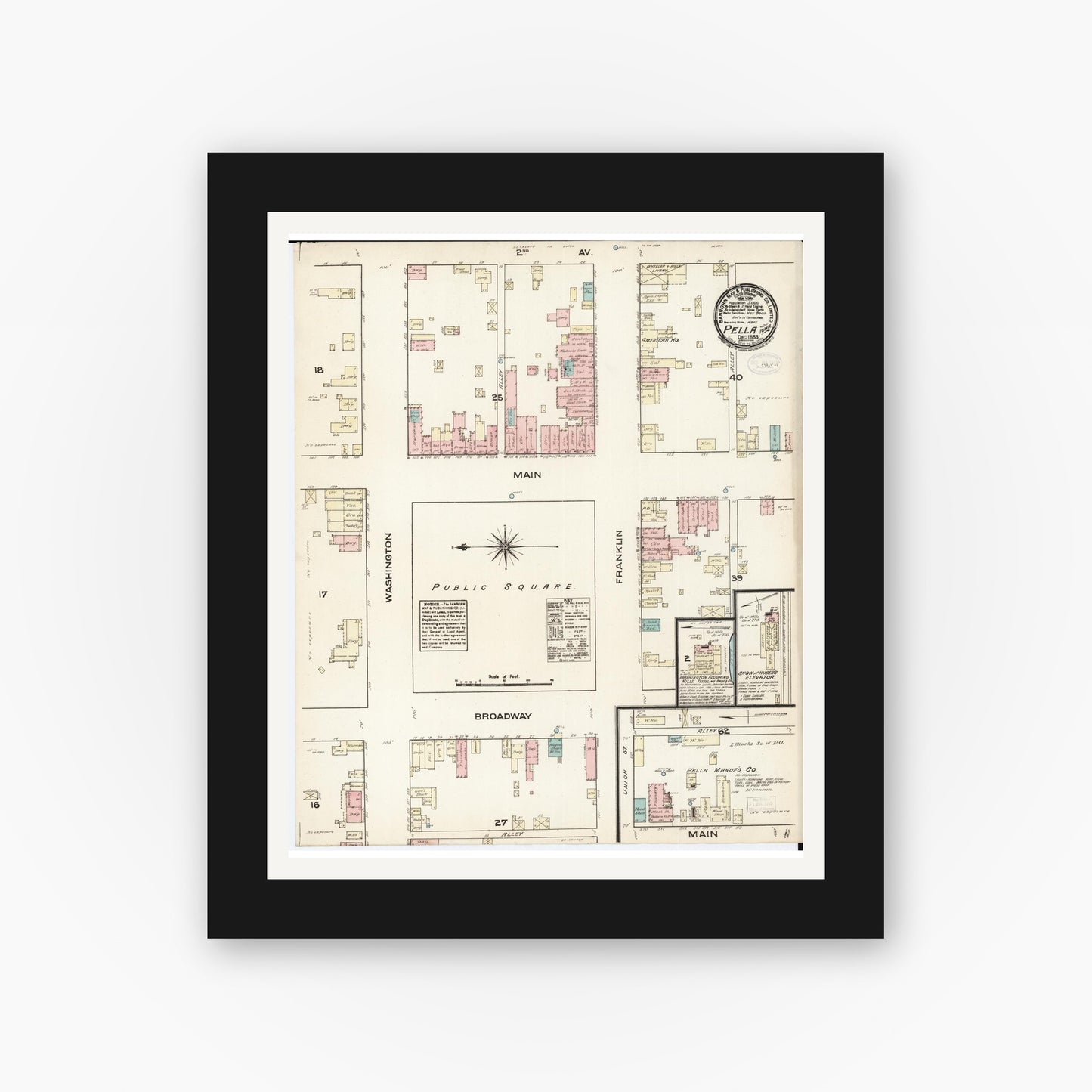 Old map wall art mockup β black gallery frame with white mat β Sanborn Fire Insurance Map from Pella, Marion County, Iowa (1883), Sheet #0001