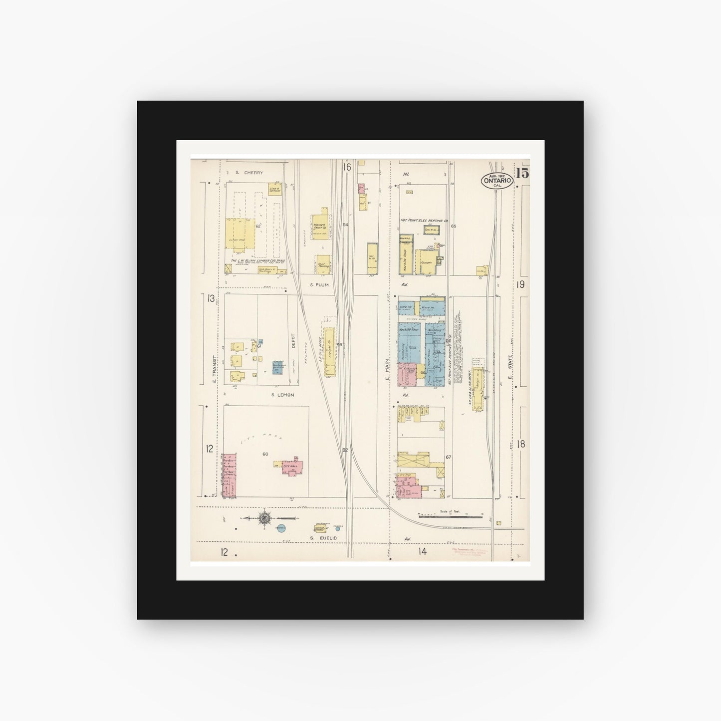 Old map wall art mockup — black gallery frame with white mat — Sanborn Fire Insurance Map from Ontario, San Bernardino County, California (1912), Sheet #0015