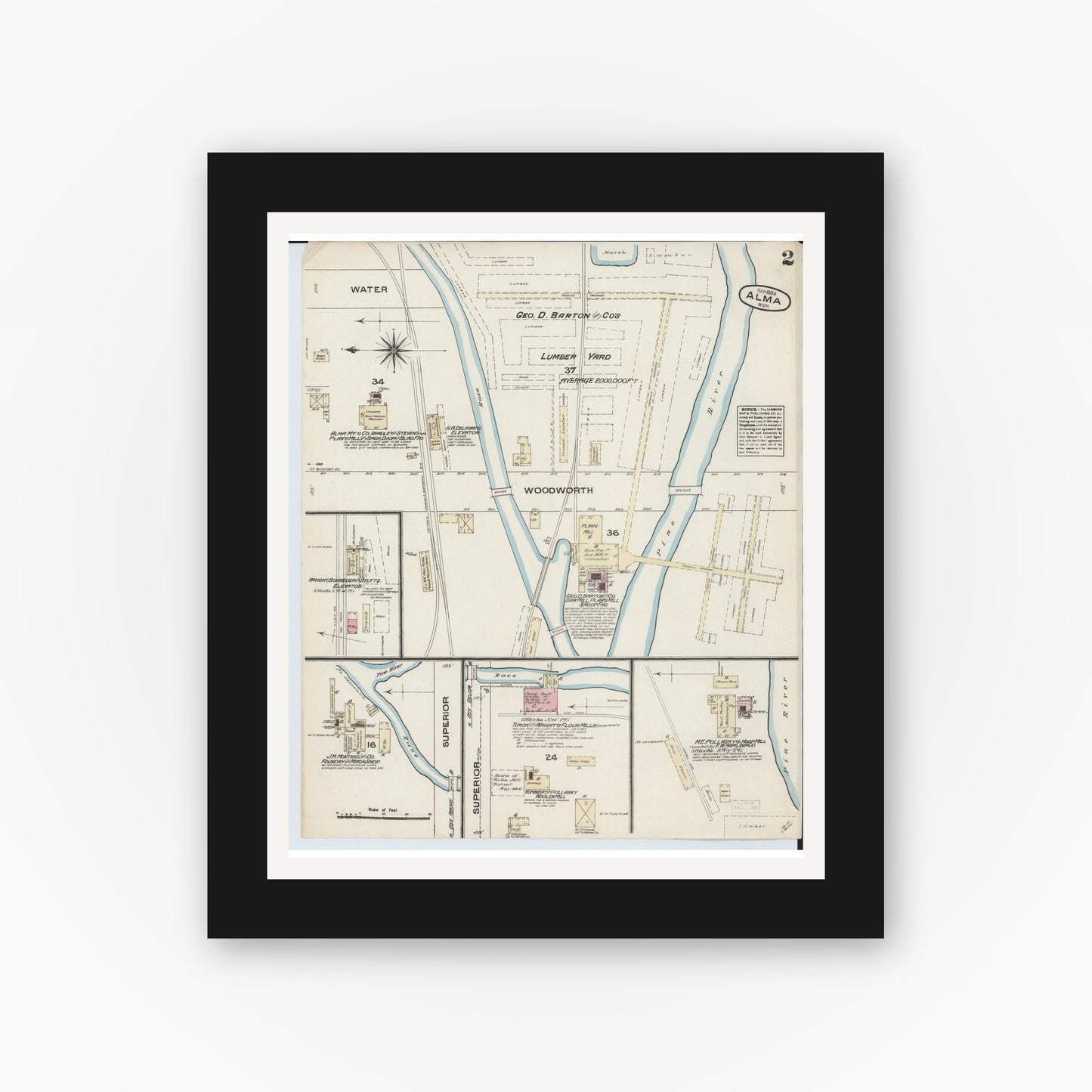 Old map wall art mockup — black gallery frame with white mat — Sanborn Fire Insurance Map from Alma, Gratiot County, Michigan (1884), Sheet #0002