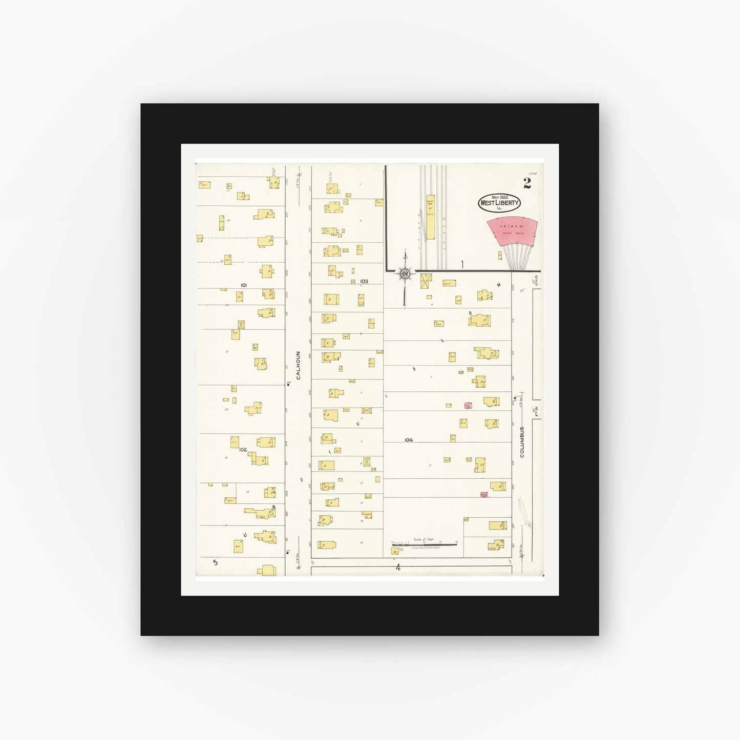 Old map wall art mockup — black gallery frame with white mat — Sanborn Fire Insurance Map from West Liberty, Muscatine County, Iowa (1922), Sheet #0002