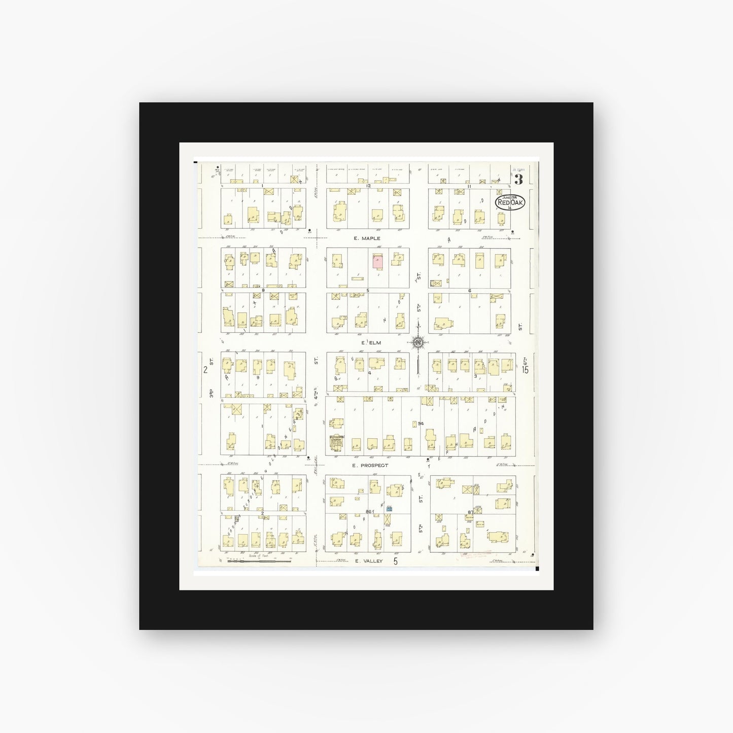 Old map wall art mockup β black gallery frame with white mat β Sanborn Fire Insurance Map from Red Oak, Montgomery County, Iowa (1914), Sheet #0003