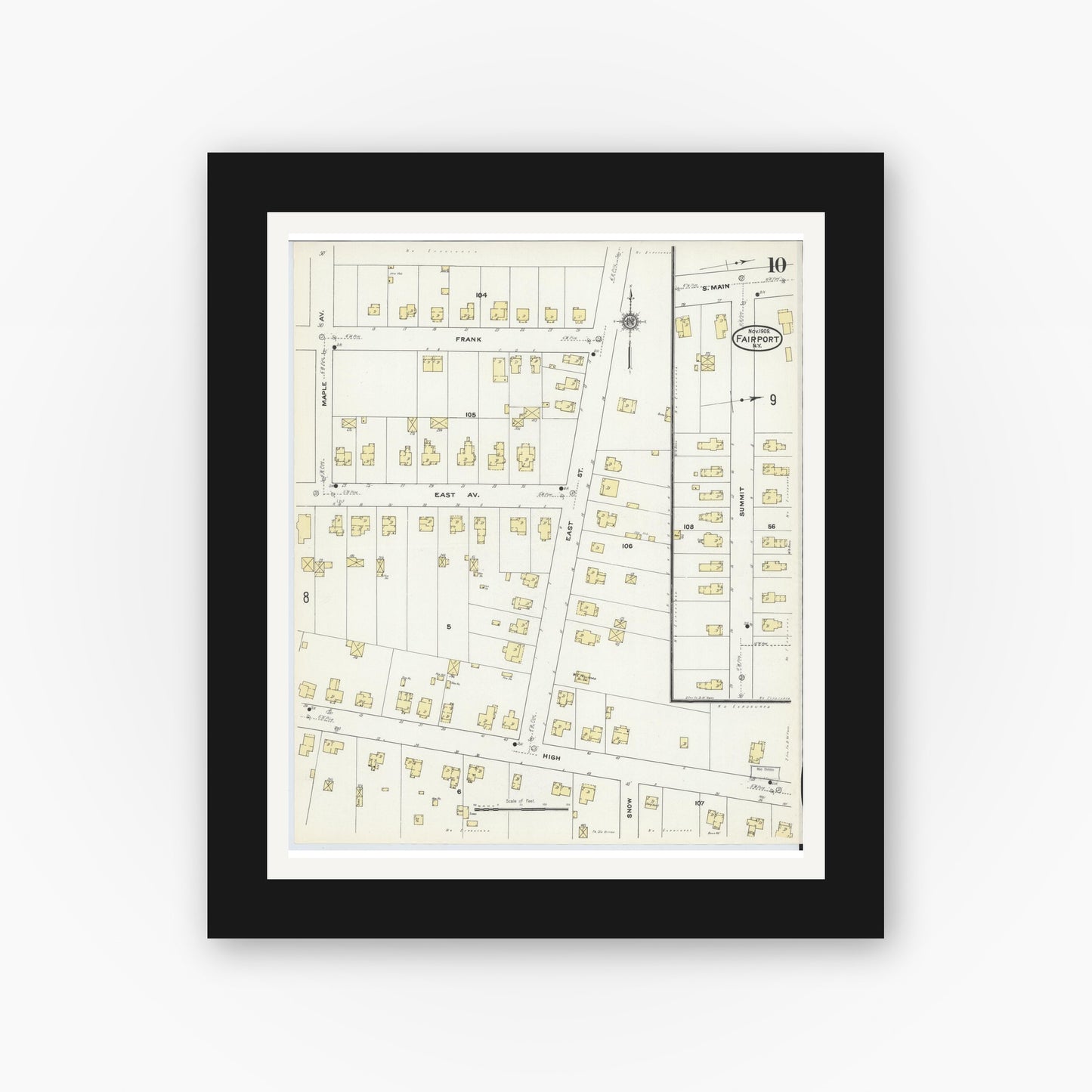 Old map wall art mockup — black gallery frame with white mat — Sanborn Fire Insurance Map from Fairport, Monroe County, New York (1909), Sheet #0010