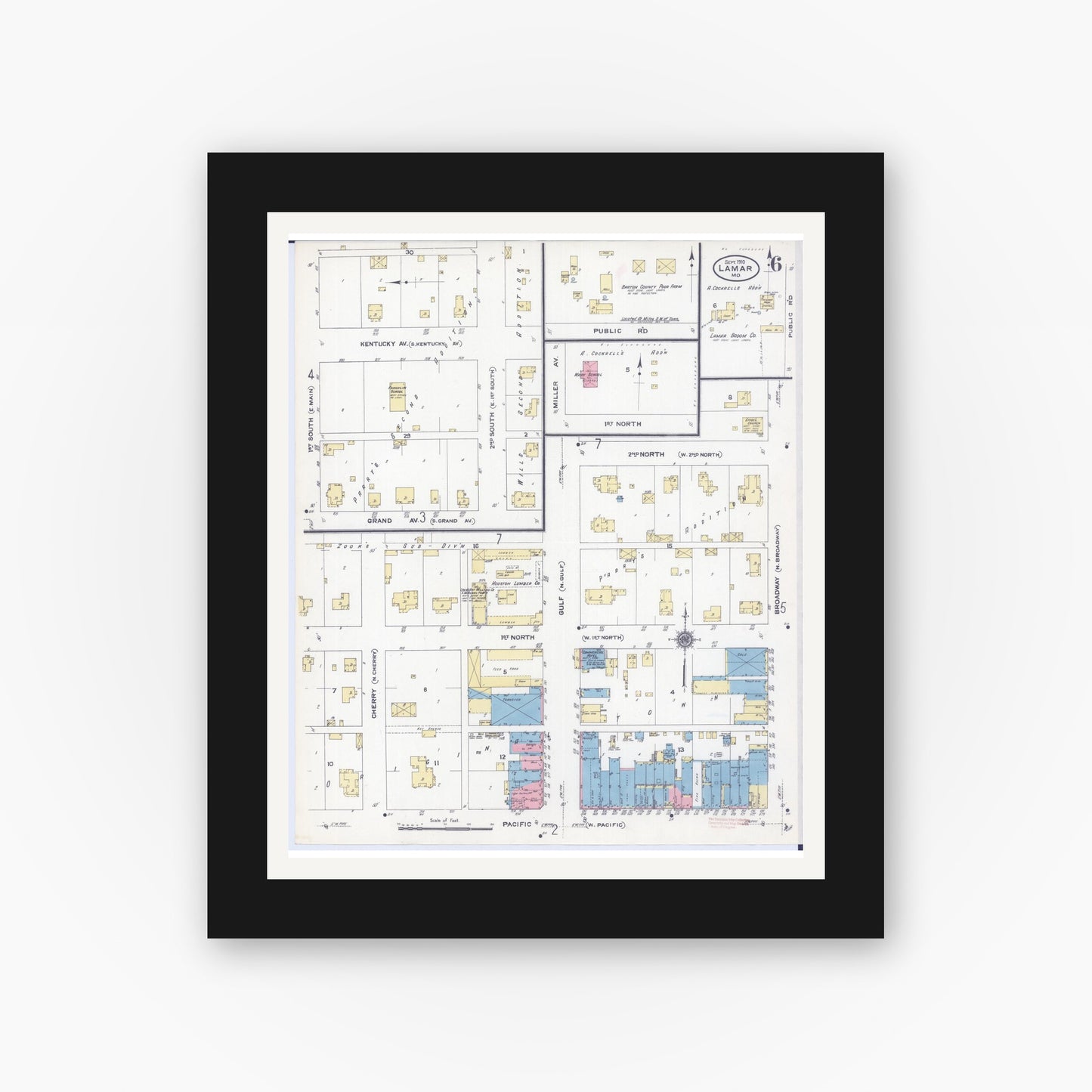 Old map wall art mockup — black gallery frame with white mat — Sanborn Fire Insurance Map from Lamar, Barton County, Missouri (1910), Sheet #0006