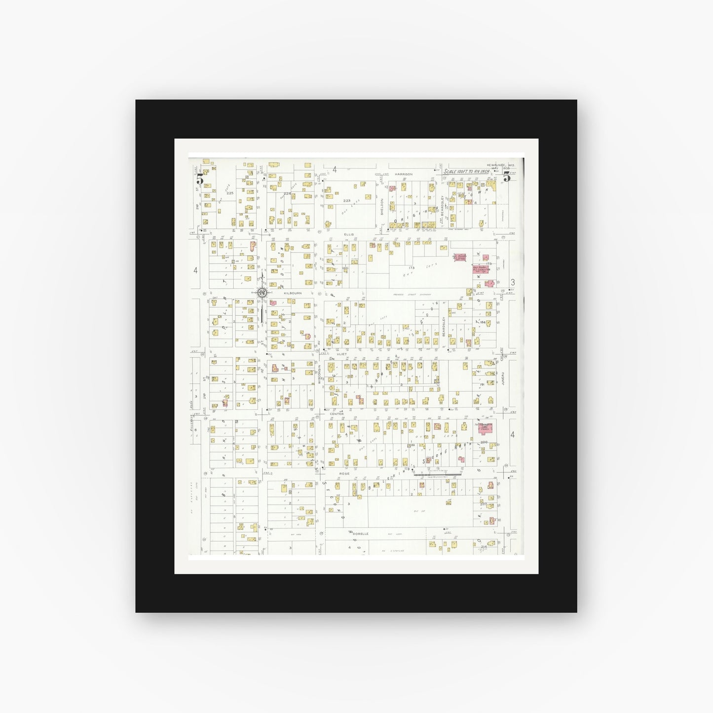 Old map wall art mockup — black gallery frame with white mat — Sanborn Fire Insurance Map from Kewaunee, Kewaunee County, Wisconsin (1933), Sheet #0005